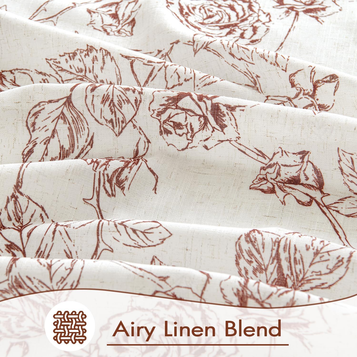 ANRODUO Red Floral Linen Curtains - Rust Floral Patterned Neutral Cream Linen Drapes, 84 Inches Long, Light Filtering, Farmhouse Country Style, 2 Panels, Back Tab, Vintage, for Living Room