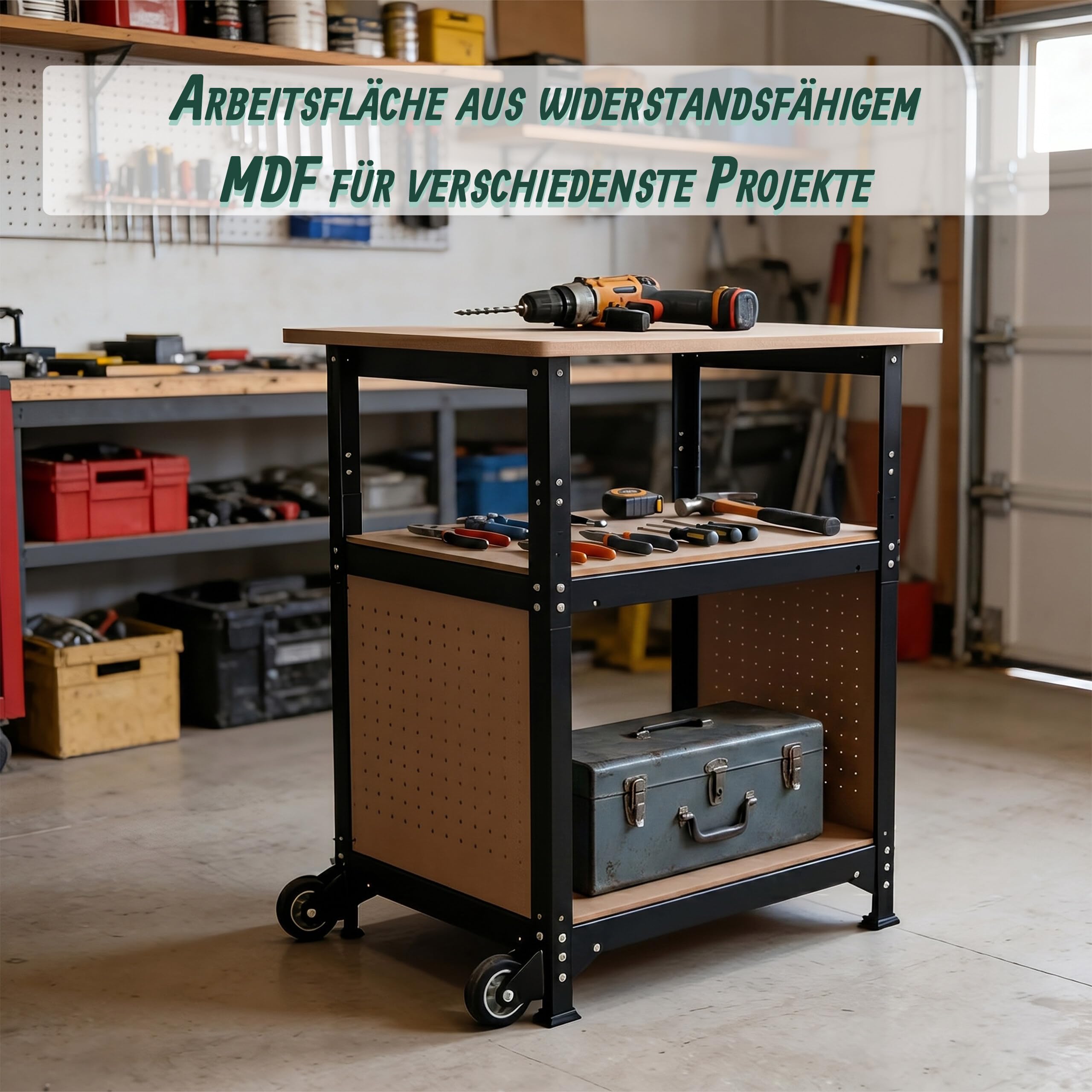 Relaxdays Werkbank, mit Rollen, HBT: 69,5x72,5x50 cm, höhenverstellbar, Werktisch mit Lochwand, Stahl & MDF, schwarz