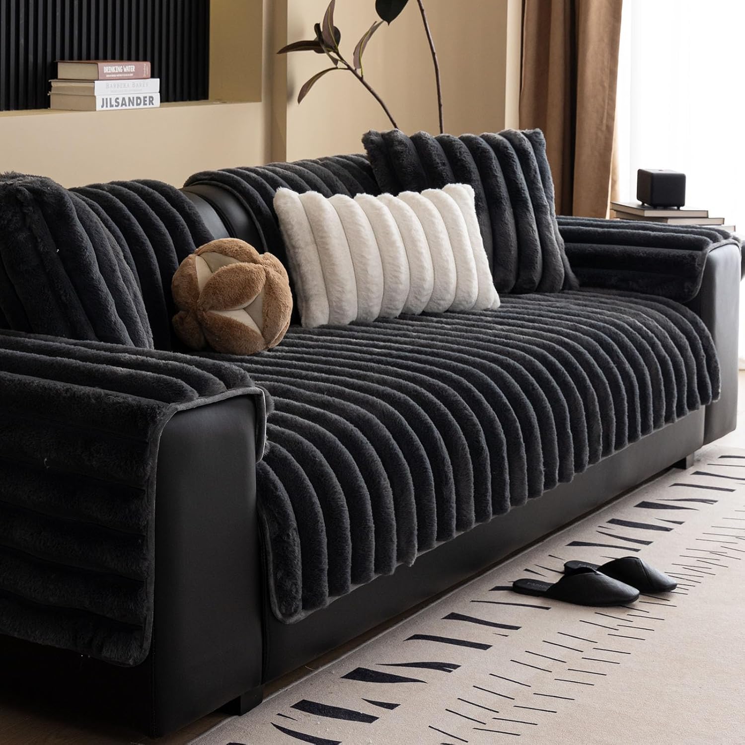 Faux Rabbit Fur Couch Sofa Cover Washable, Shaggy Fuzzy Sectional Couch Cover, Stripe Non-Slip Soft Plush Sofa Slipcover Furniture Protector for Dogs, Pets (Dark Grey,36"x94")