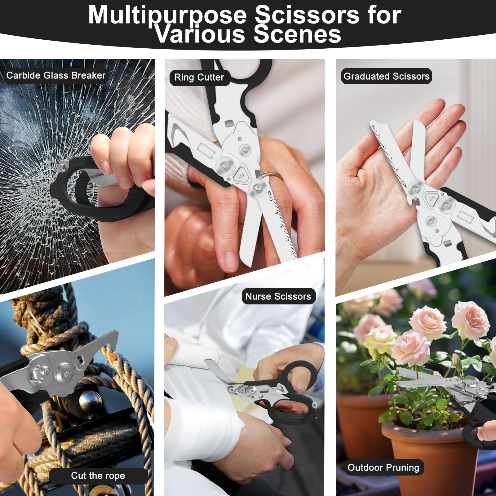 Tijeras de emergencia, tijeras para traumatismos, tijeras de rescate multiherramienta con 6 funciones prácticas, alicates de tijera plegables con funda,alicates tácticos plegables