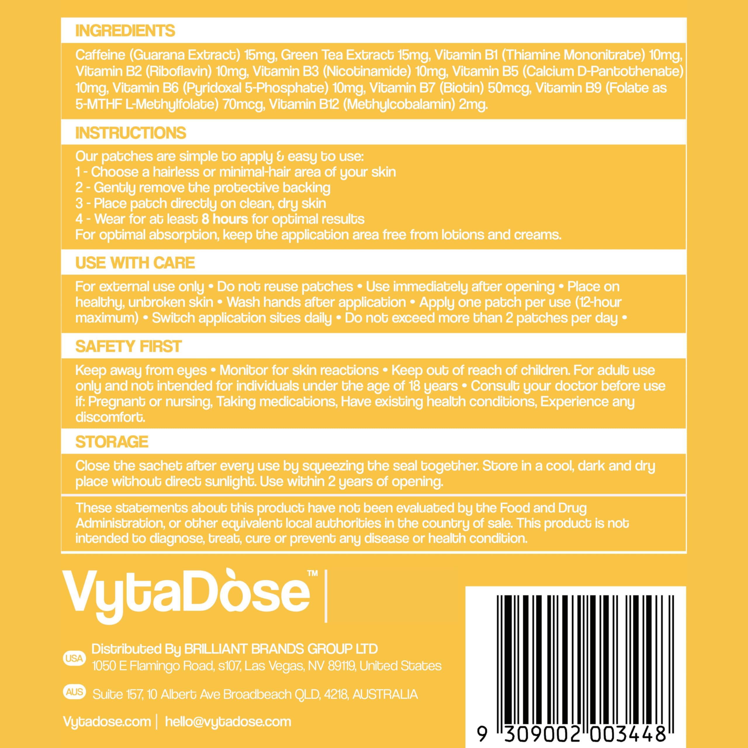Vytadose Topical B12 Patch Energetiche | Per umore, energia e cognizione, cerotti naturali alla caffeina, delicati sulla pelle, resistenti all'acqua, 30 pezzi