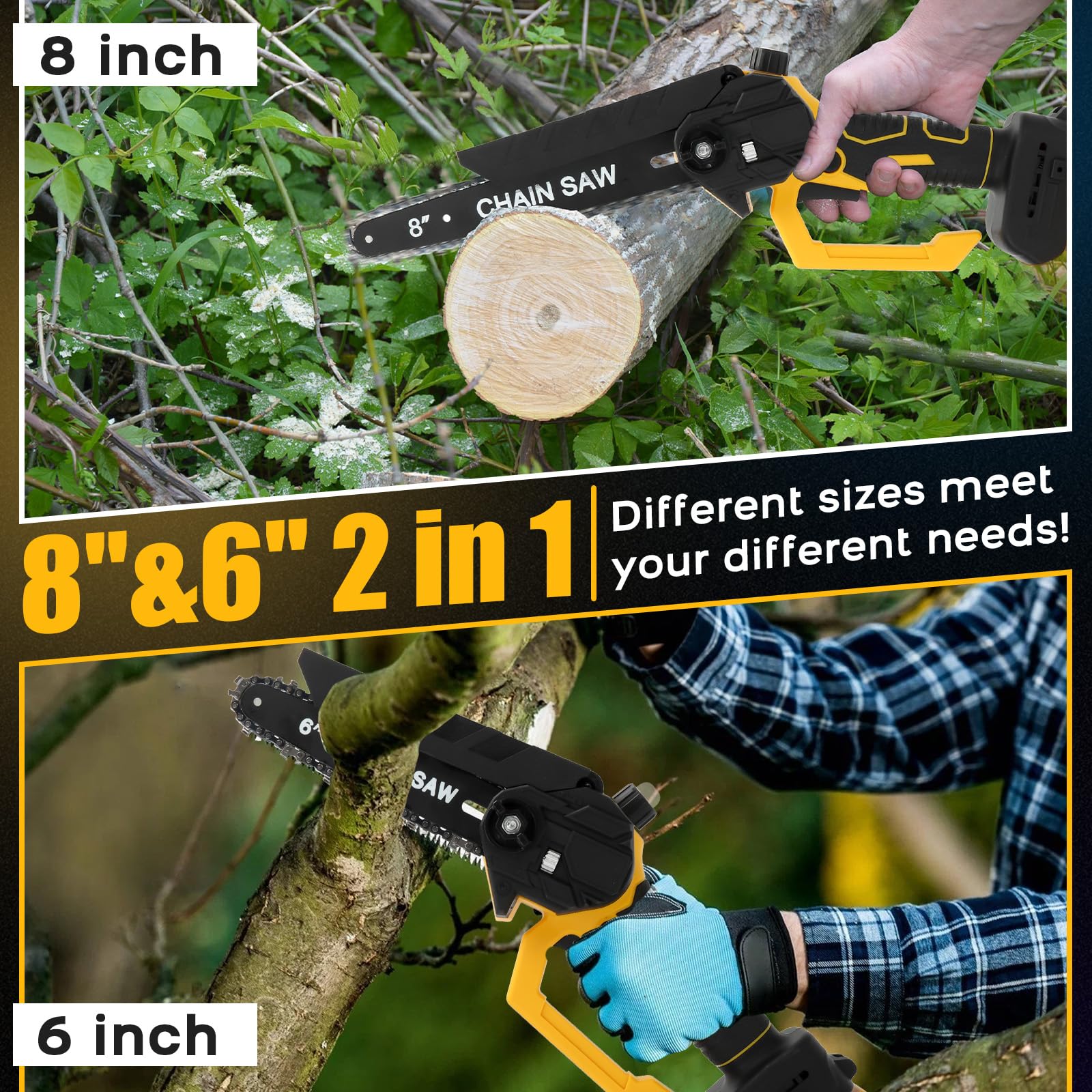 Mini piła łańcuchowa do akumulatora, 6'' i 8 elektryczna piła łańcuchowa do wymiennego łańcucha, bezszczotkowa, przenośna bezprzewodowa ręczna piła ręczna do ogrodnictwa, cięcia gałęzi (DW