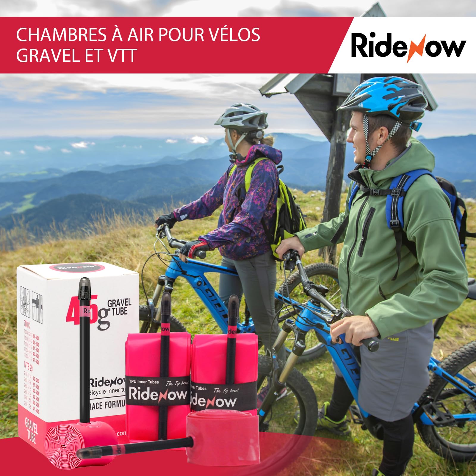 RideNow Lot de 2 chambres à air en TPU pour vélo de course/Gravel Bikes 700 x 32-47C, pour VTT électrique, 27", 28", 29", ultra légère, avec valve Presta 45/65 mm