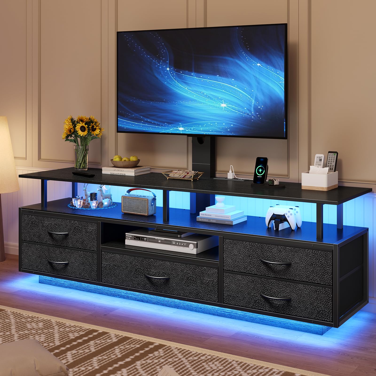 BTHFST TV Stand with Mount for 32/55/65/70 inch TVs, 51.2" LED TV Stand with Power Outlets & Storage, Entertainment Center with Storage for Living Room, Bedroom Black
