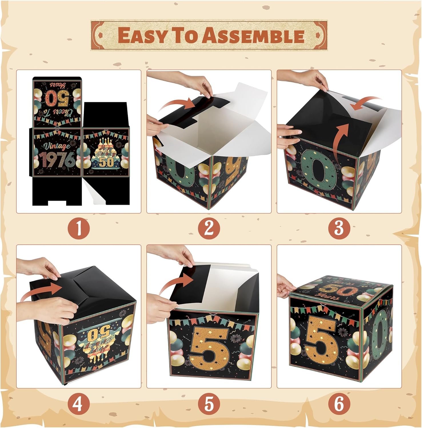 Aodaer 3 Pieces Vintage 1976 Birthday Decorations Boxes with 2 Banners 50th Retro Birthday Balloons Boxes 10.6 x 10.6 Inch Cardboard Box for 50th Birthdays Photo Backdrop Party Supplies - Image 2