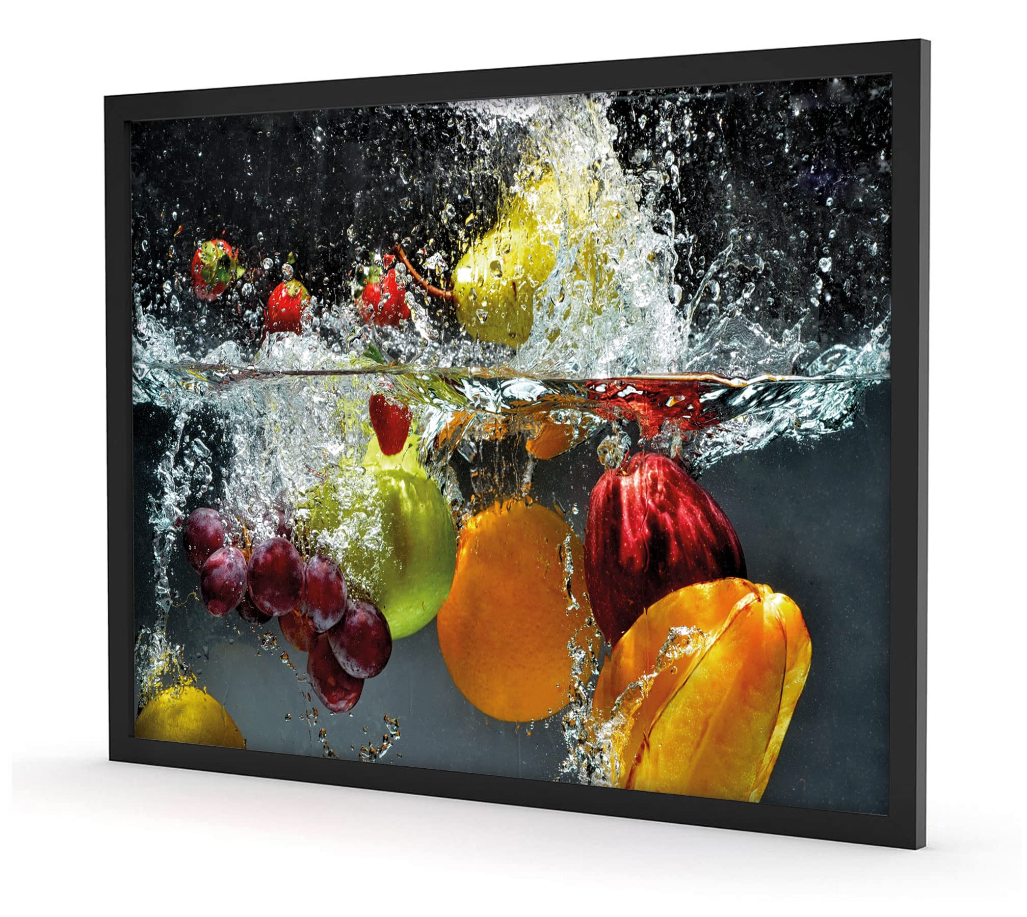 Pixxprint Früchte fallen ins Wasser, Poster im Bilderrahmen, Format: 80x60cm, Kunstdruck gerahmt