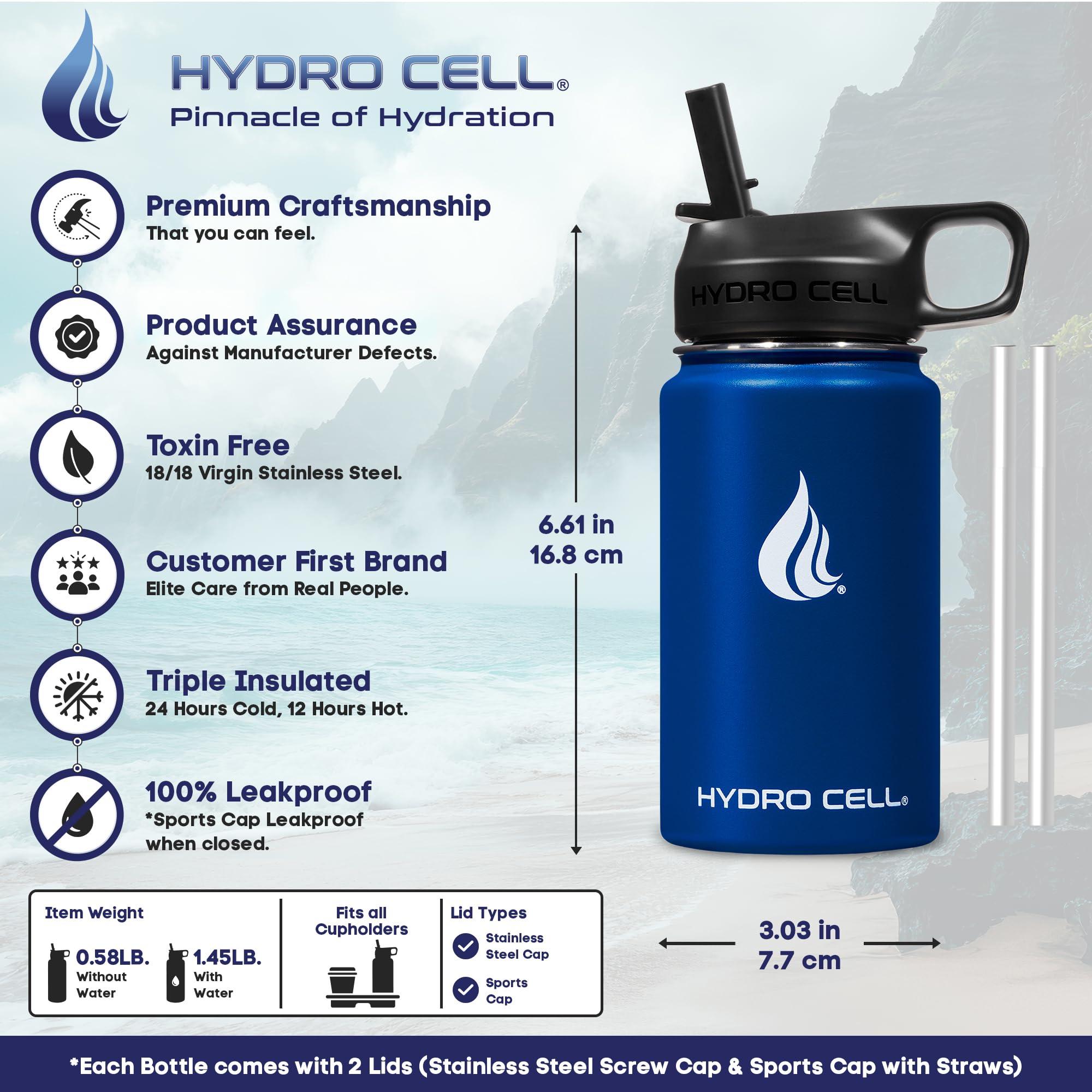 HYDRO CELL Botella De Agua De Acero Inoxidable Con Pajita Y Tapas De Boca Ancha (40 Oz 32 Oz 24 Oz 18 Oz) - Mantiene Los Líquidos Calientes O Fríos (Azul Marino 14 Oz)