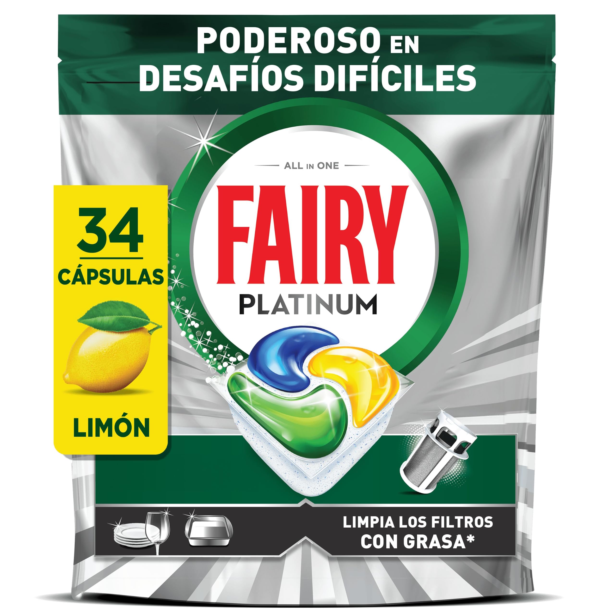Fairy Platinum Cápsulas De Lavavajillas, Limón, 34 Cápsulas, Potente Incluso Con Los Restos De Comida Más Difíciles, Platos Limpios, Lavavajillas Brillante, Filtro Limpio Sinasa
