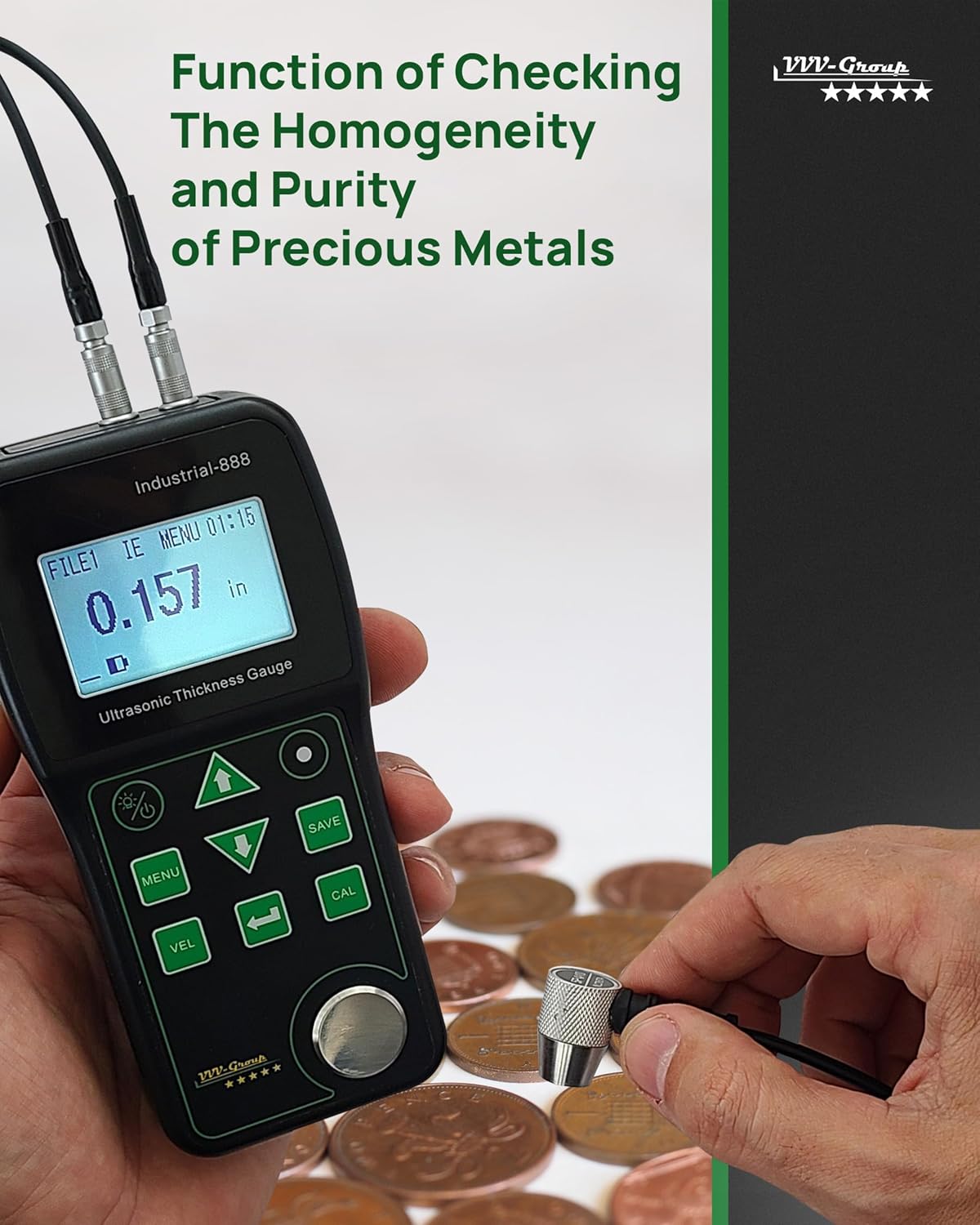 Ultrasonic Thickness Gauge Industrial-888 – Echo-Echo Through Coating up to 19.7 mils (500 μm), Pulse-Echo for Cast Iron, VERI Metal Test, NDT Thickness Meter 0.039–19.685 in (1–500 mm)
