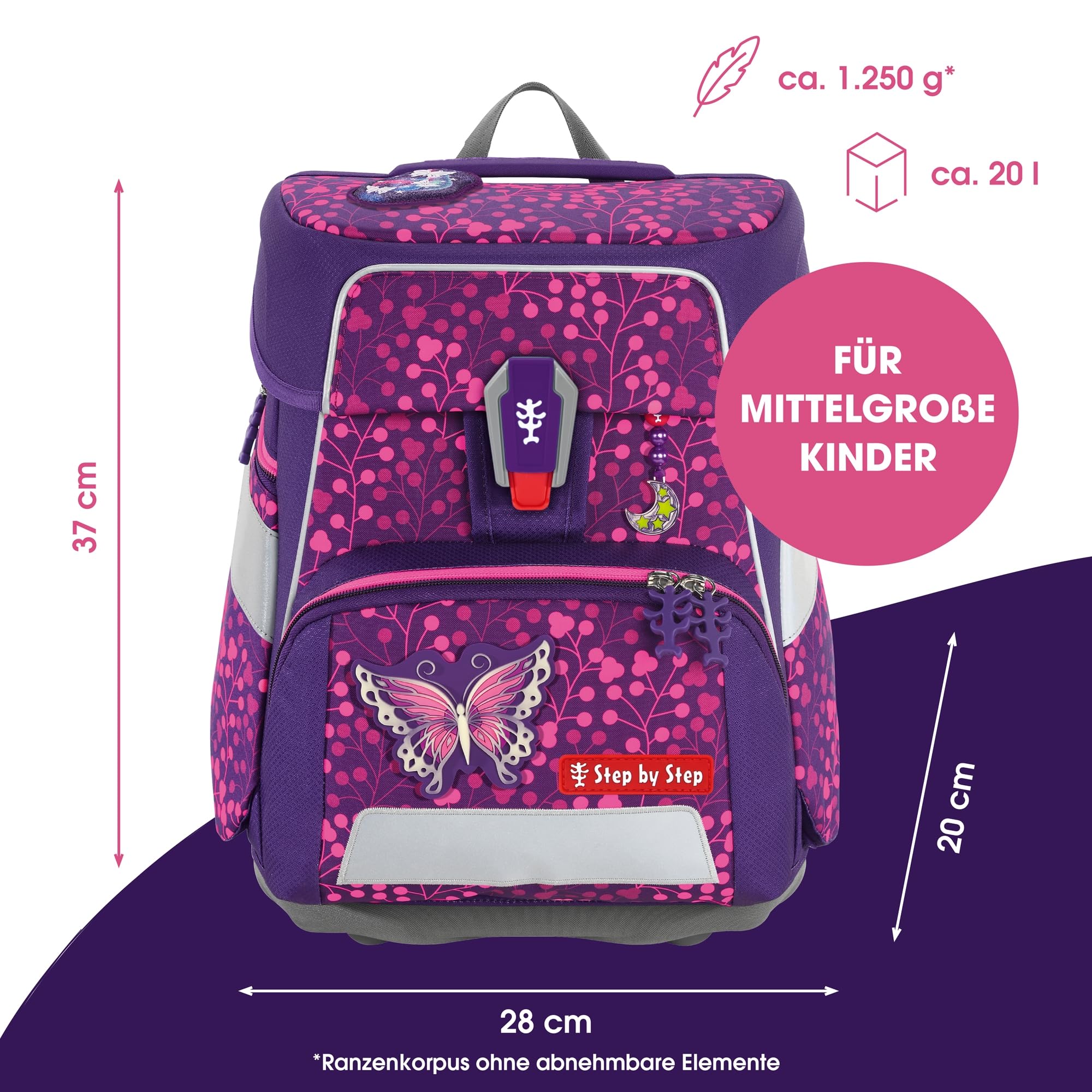 Step by Step Schulranzen-Set Space Shine Butterfly Night Ina, 5-teilig, lila, ergonomischer Tornister mit Reflektoren, höhenverstellbar mit Hüftgurt, ab der 1. bis 4. Klasse, 20l