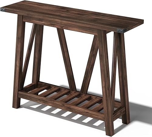 Miniatura 8 de Mesa consola de granja para entrada, mesas de madera con estantes, mesa de sofá para entrada, sala de estar, nogal