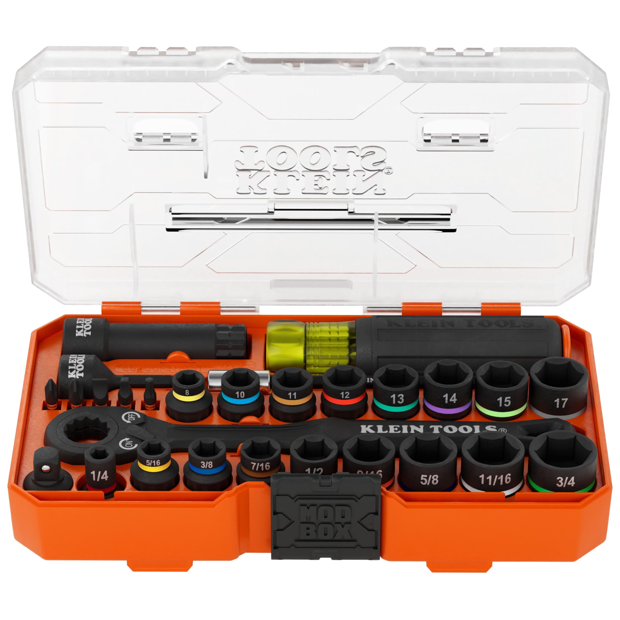 Klein Tools 65400KNECT KNECT Essential Pass Through Impact Socket Set, SAE and Metric, 90-Tooth Ratchet, MODbox Case, 3/8-Inch Drive, 28-Piece
