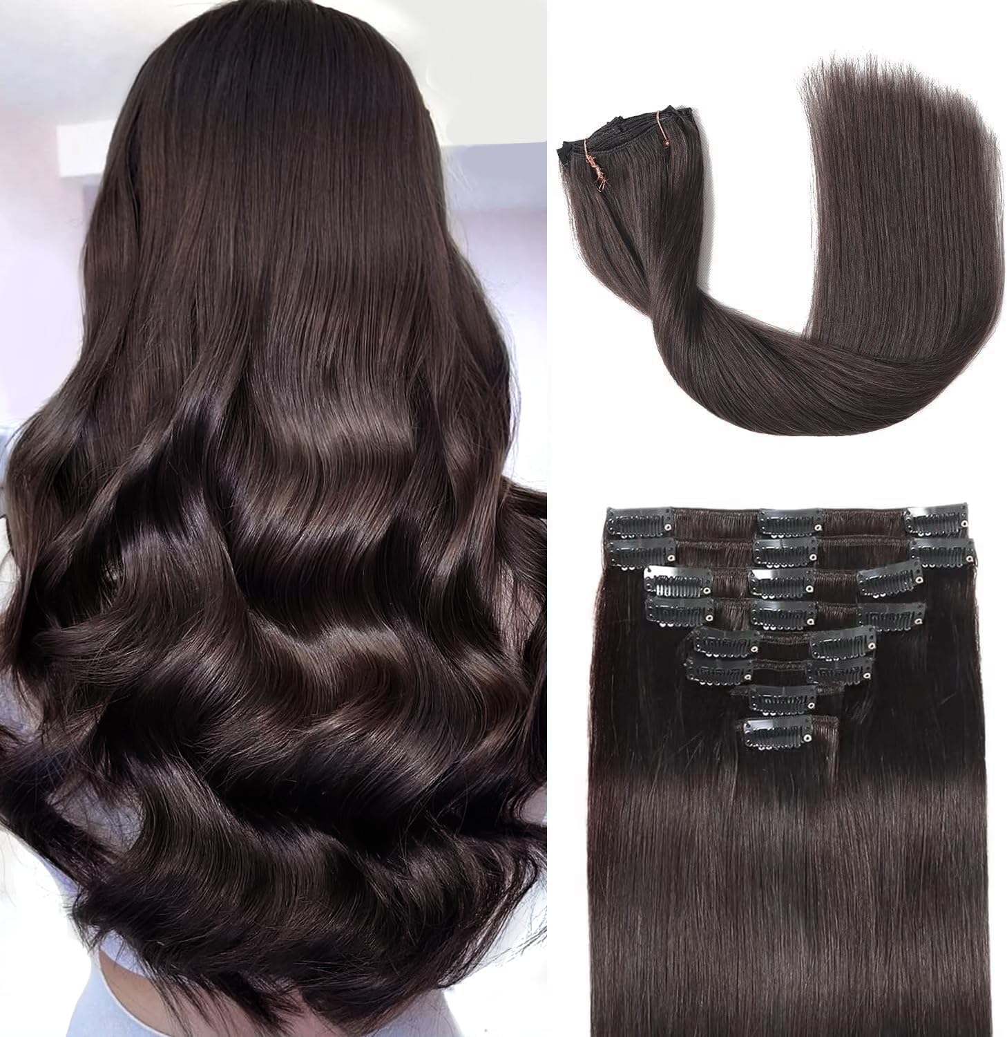 Clip in Hair Extensions Real Human Hair Clip ins 100% Human Hair Extension for Women Clip in Extensions 8pcs Per Set with 18 Clips Double Weft (22 Inch 90g #2 Dark Brown)