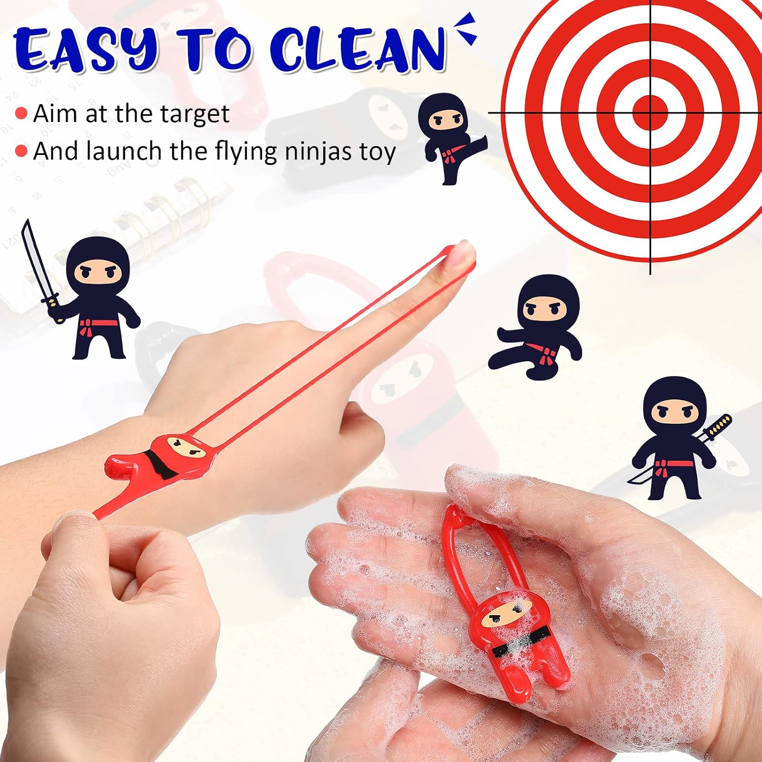 Skylety 24 Stretchy Flying Ninja Toys - Red & Black Elastic Slingshot Fun for Kids' Parties