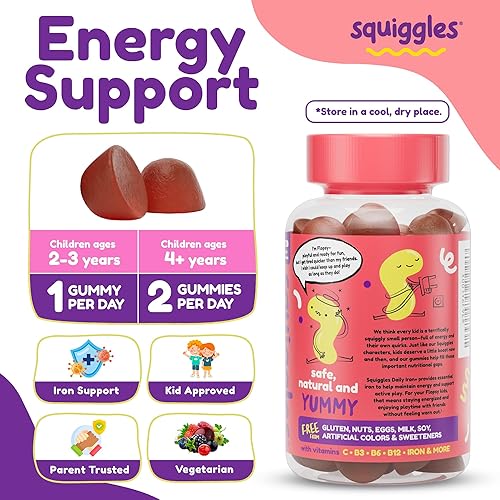Miniatura 3 de Squiggles Kids Daily Iron+ Gummies - Suplemento masticable con hierro, multivitamínico para niños, bajo en azúcar, vegano, gomitas para niños,