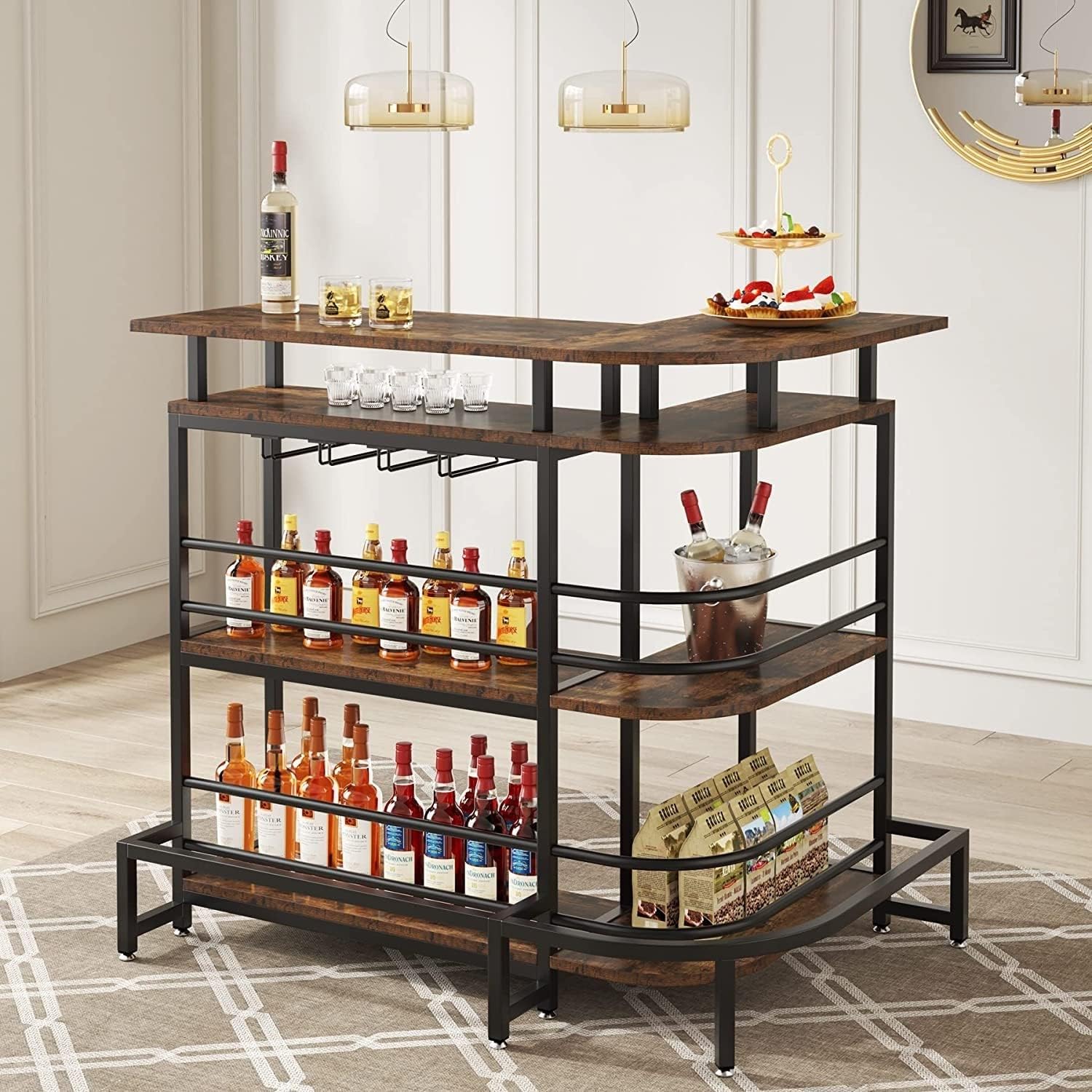 LShaped Home Bar Unit with 4 Glass Holders and Shelves