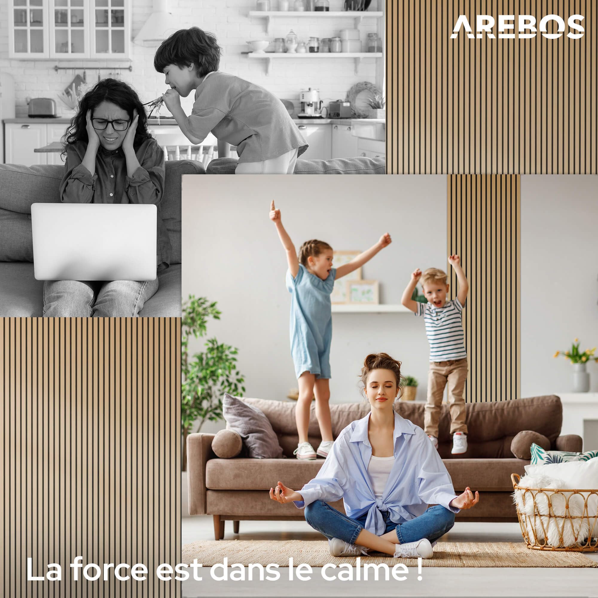 Arebos Lot de 4 Panneaux Acoustiques 120×60 cm | Panneaux Muraux à Lattes Aspect Bois pour Mur & Plafond | Haute Absorption Acoustique | Installation Facile & Découpable