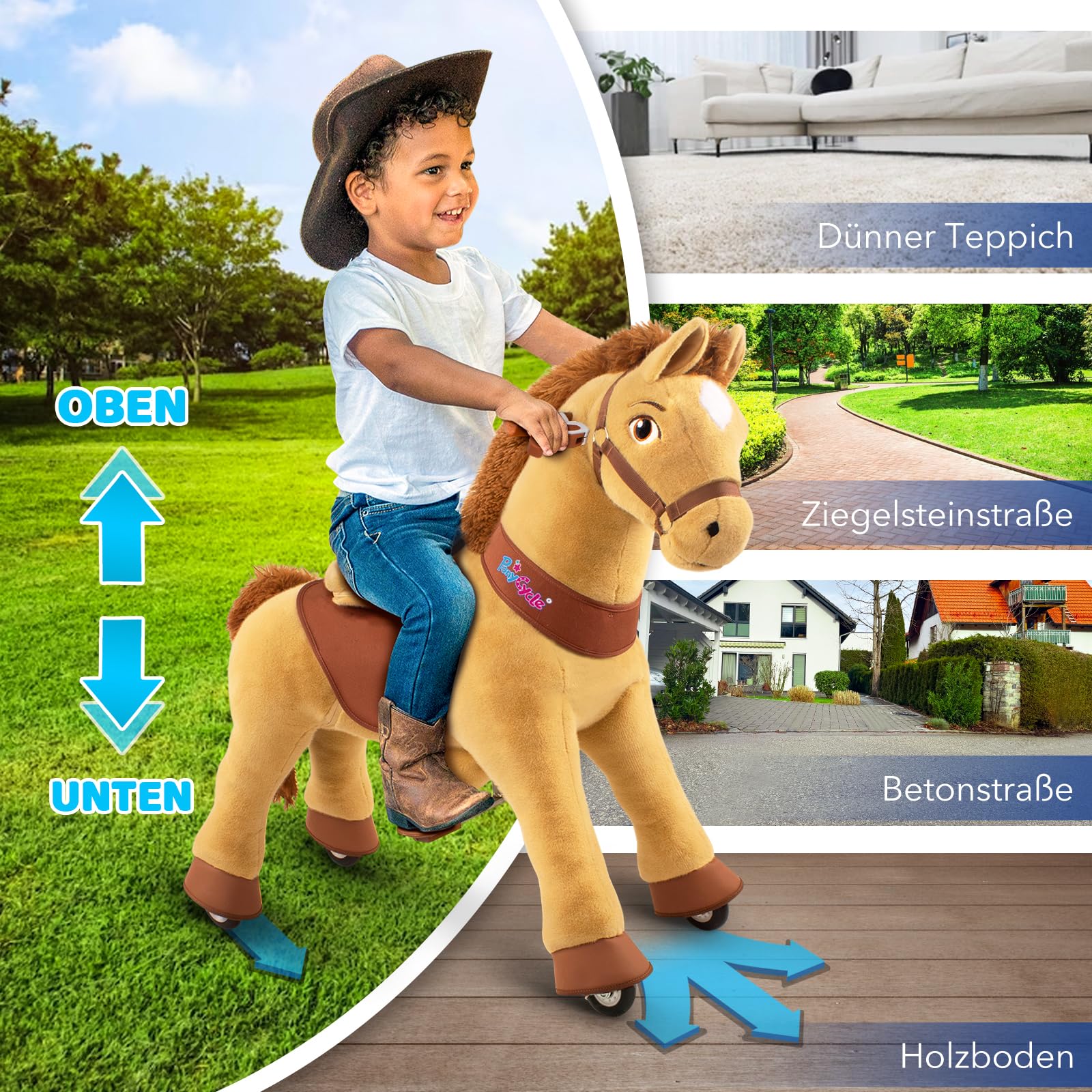 PonyCycle® Schaukelpferd auf Rollen | für Kinder 4–7 Jahre, 90cm | Hellbraunes Plüsch Reitpferd mit Handbremse | Stehpferd, Schaukeltier, Indoor & Outdoor | Basis Modell E – E436