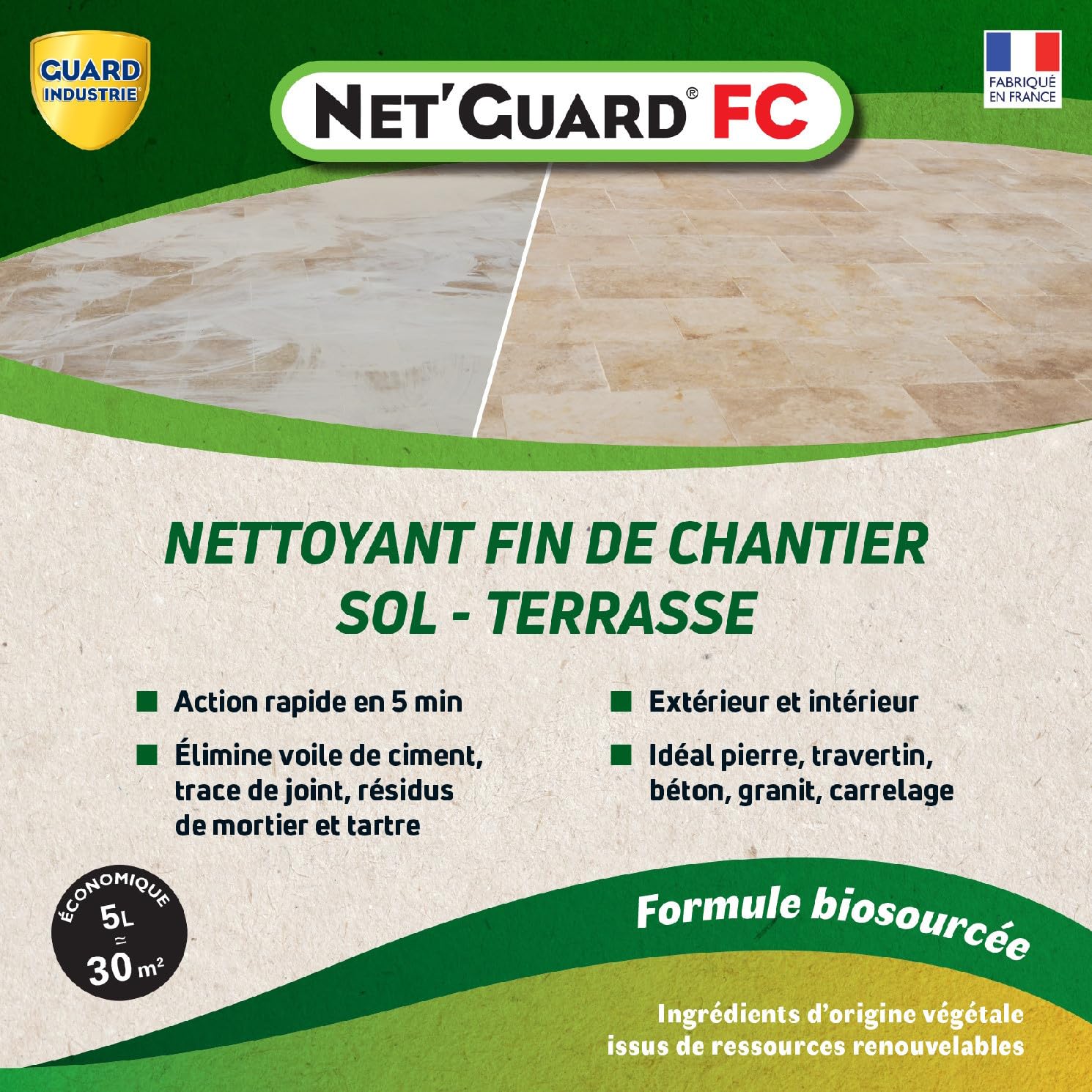 Limpiador de lechanzas cemento trazado blanco junta Net Guard fin astillero fórmula vegetal-10 min-Toda piedra – 5L 30m2