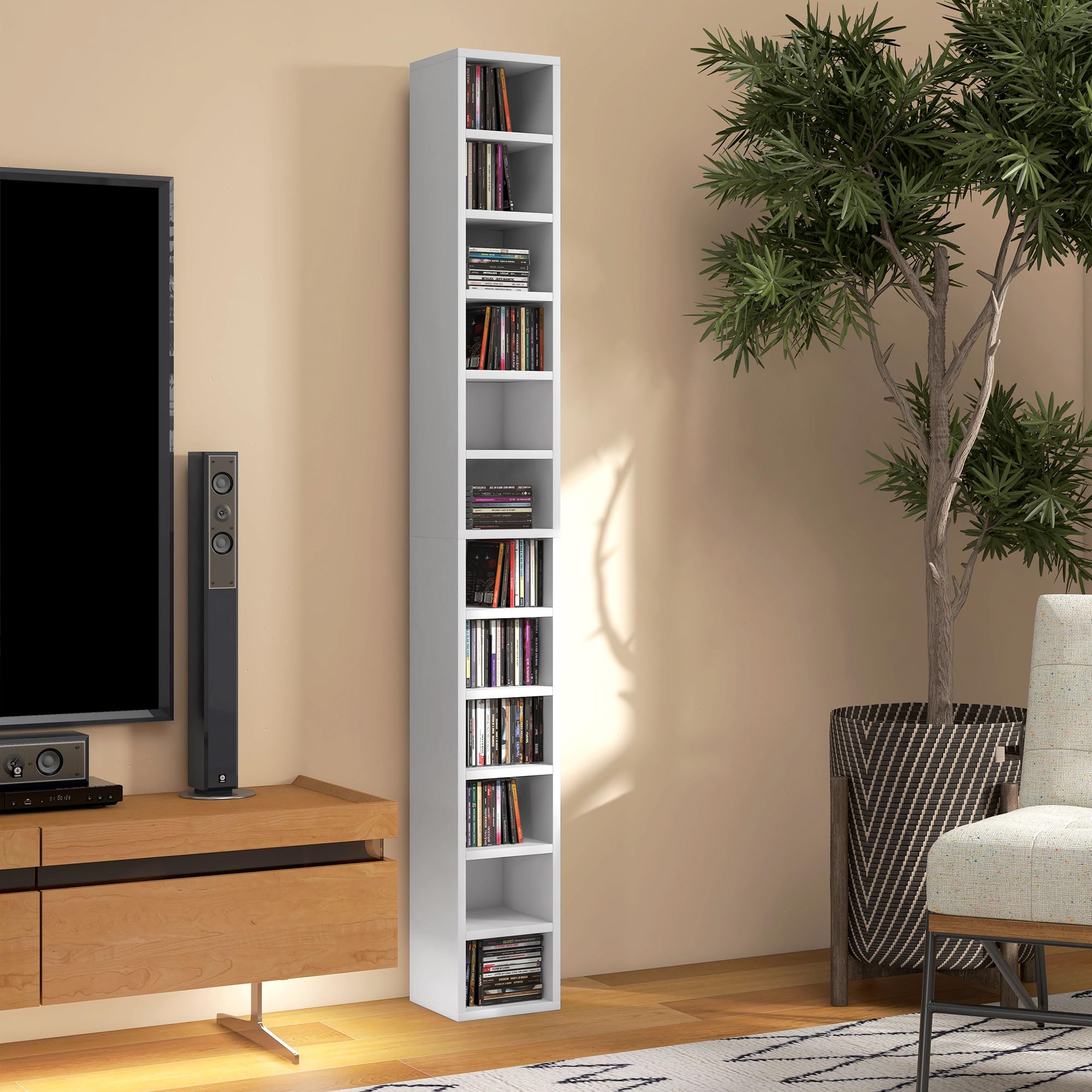 HOMCOM Contenitori per CD e DVD, ripiano a colonna, contenitore con 12 scomparti, capacità massima 204 CD, 21 x 20 x 175 cm, bianco