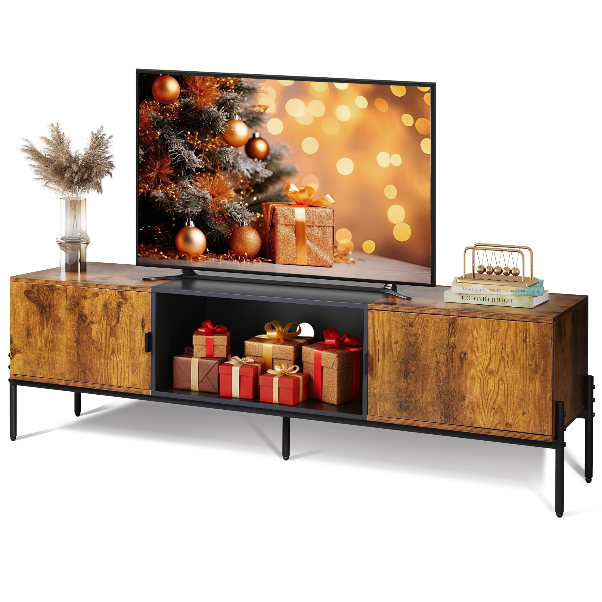 WLIVE TV Stand for 65 Inch TV, Mid Century Modern Entainment Center with 2 Storage Cabinets & Open Shelf, TV Console Table Media with Metal Legs for