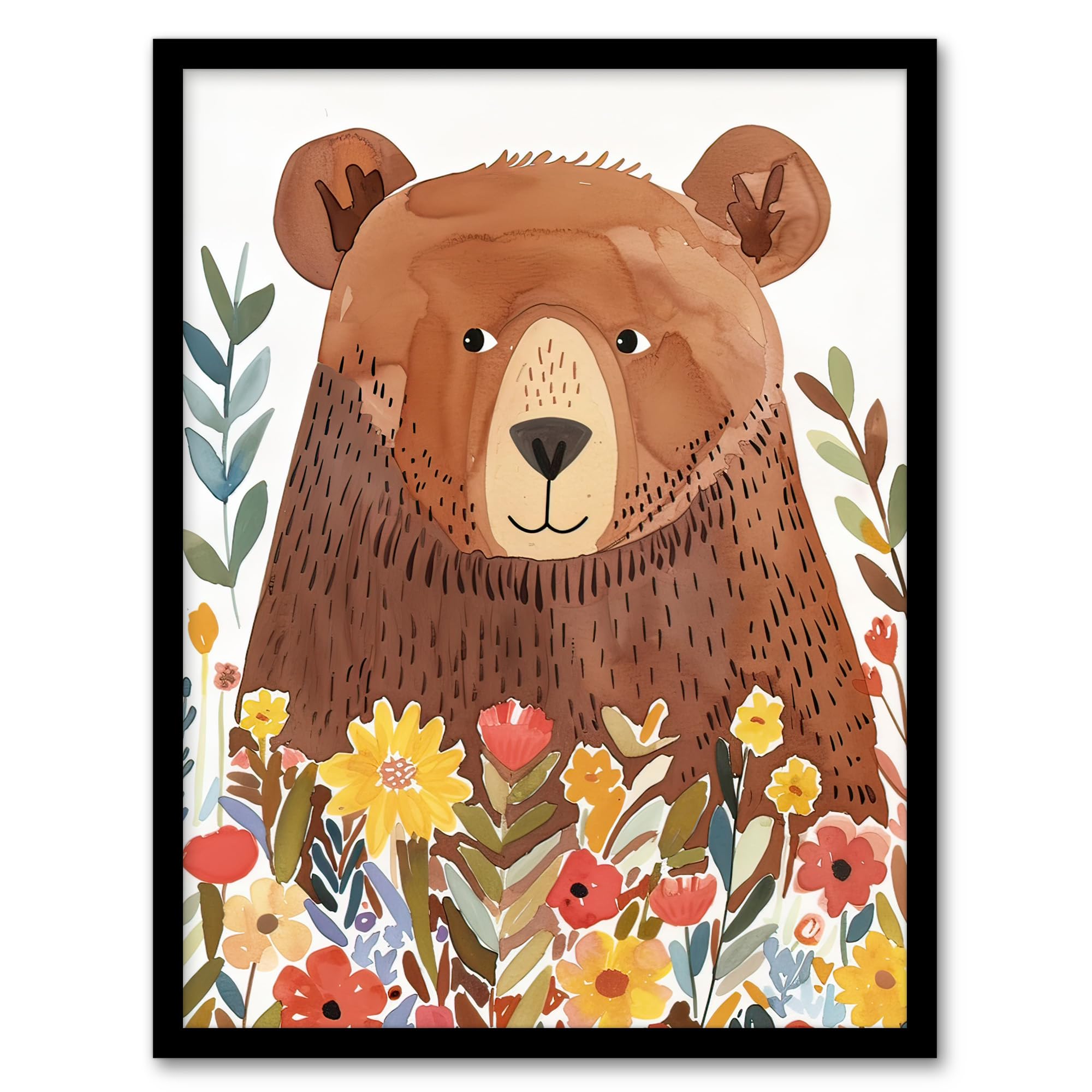 Artery8 Happy Brown Bear in Wildflower Patch Watercolour Kids Bedroom Nursery Artwork Framed Wall Art Print 18X24 Inch