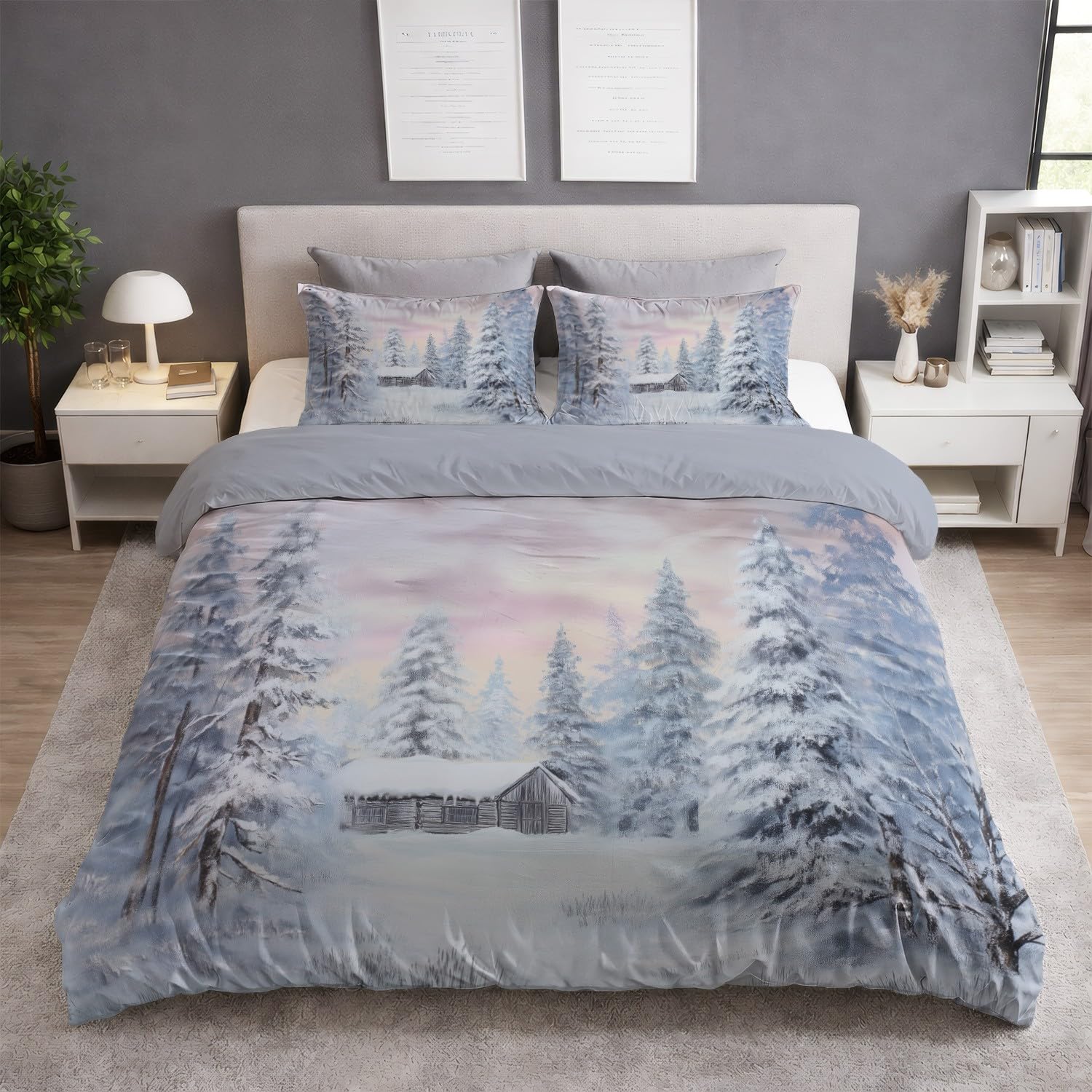 Pościel 200 x 200 cm, klasyczna, estetyczna krajobraz, śnieżna poszewka na kołdrę 200 x 200 cm, 3-częściowy komplet pościeli dziecięcej z poszewką na poduszkę 80 x 80 cm i z zamkiem błyskawicznym