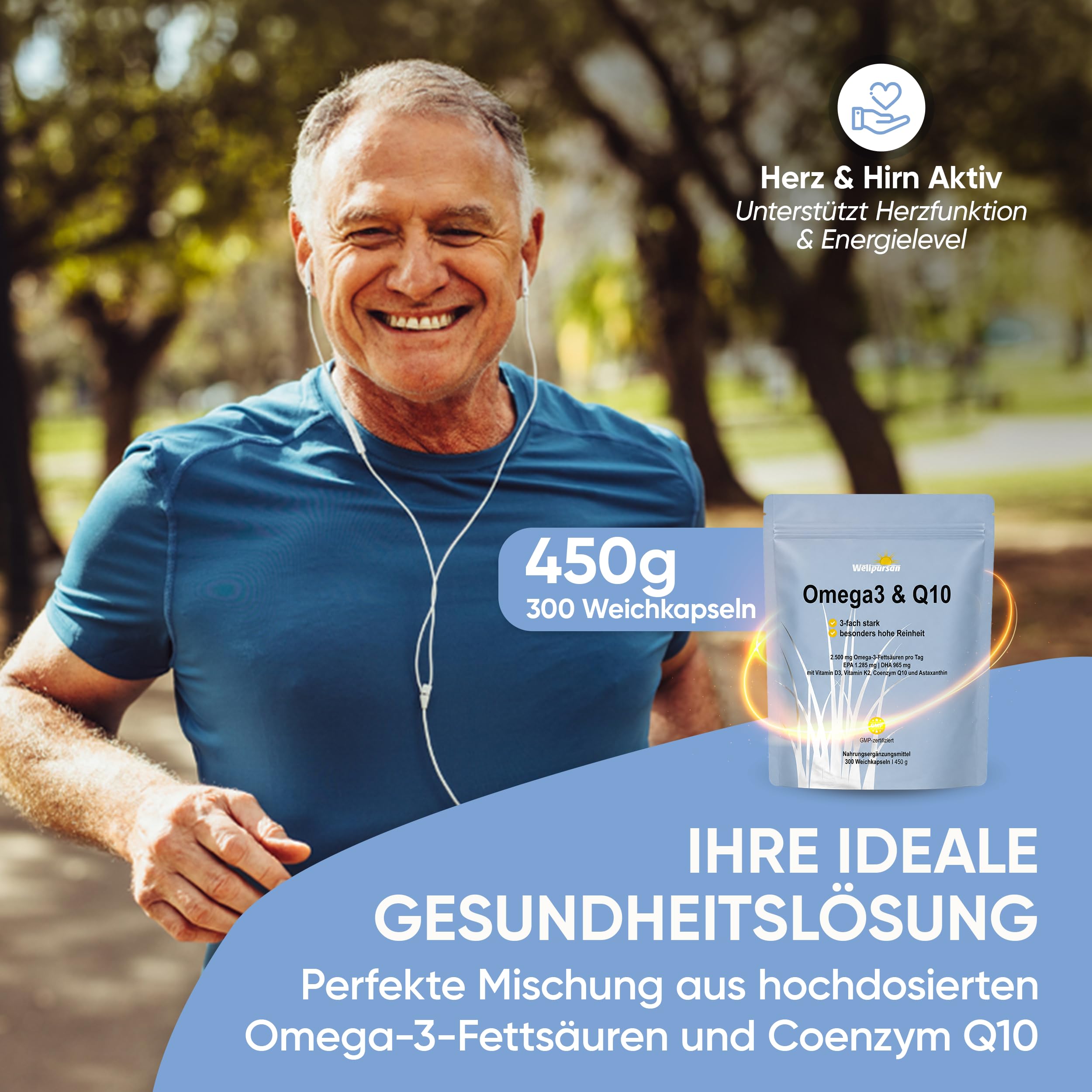 Wellpursan Omega Q10 Plus - 180 Kapseln premium Omega-3 Fettsäuren Kapseln mit 2100mg Fischöl pro Tagesdosis (davon 378mg EPA & 252mg DHA), zusätzlich angereichert mit Vitaminen