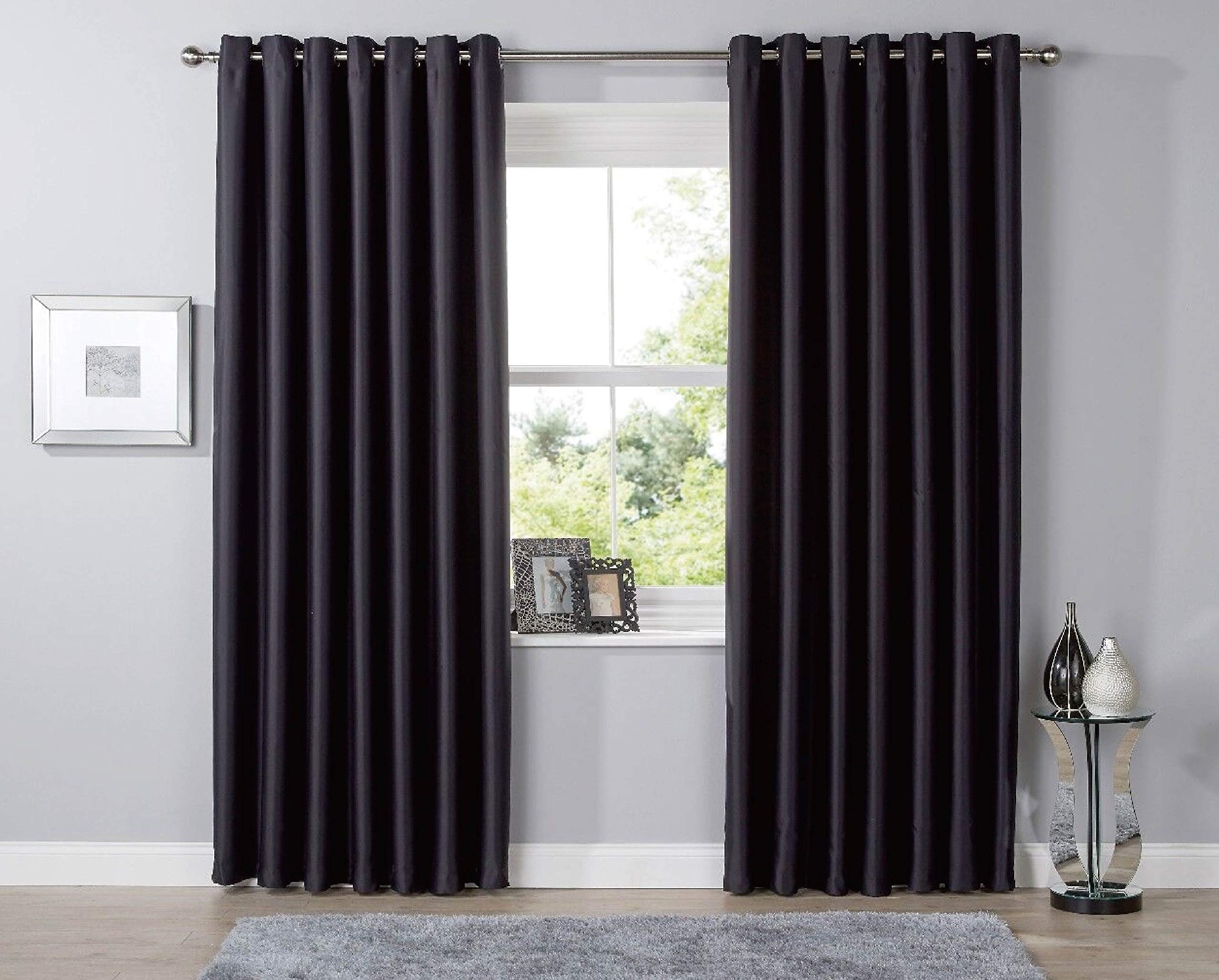 Blackout Eyelet Curtain Pair Thermal Insulated Ring Top Bed Living Room Window 66" (Width) x 72" (Drop), Black