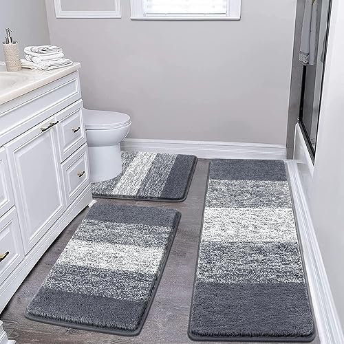 Pauwer Juego de 3 tapetes de baño de felpa antideslizantes, juego de alfombras de baño absorbentes peludas con contorno en forma de U para