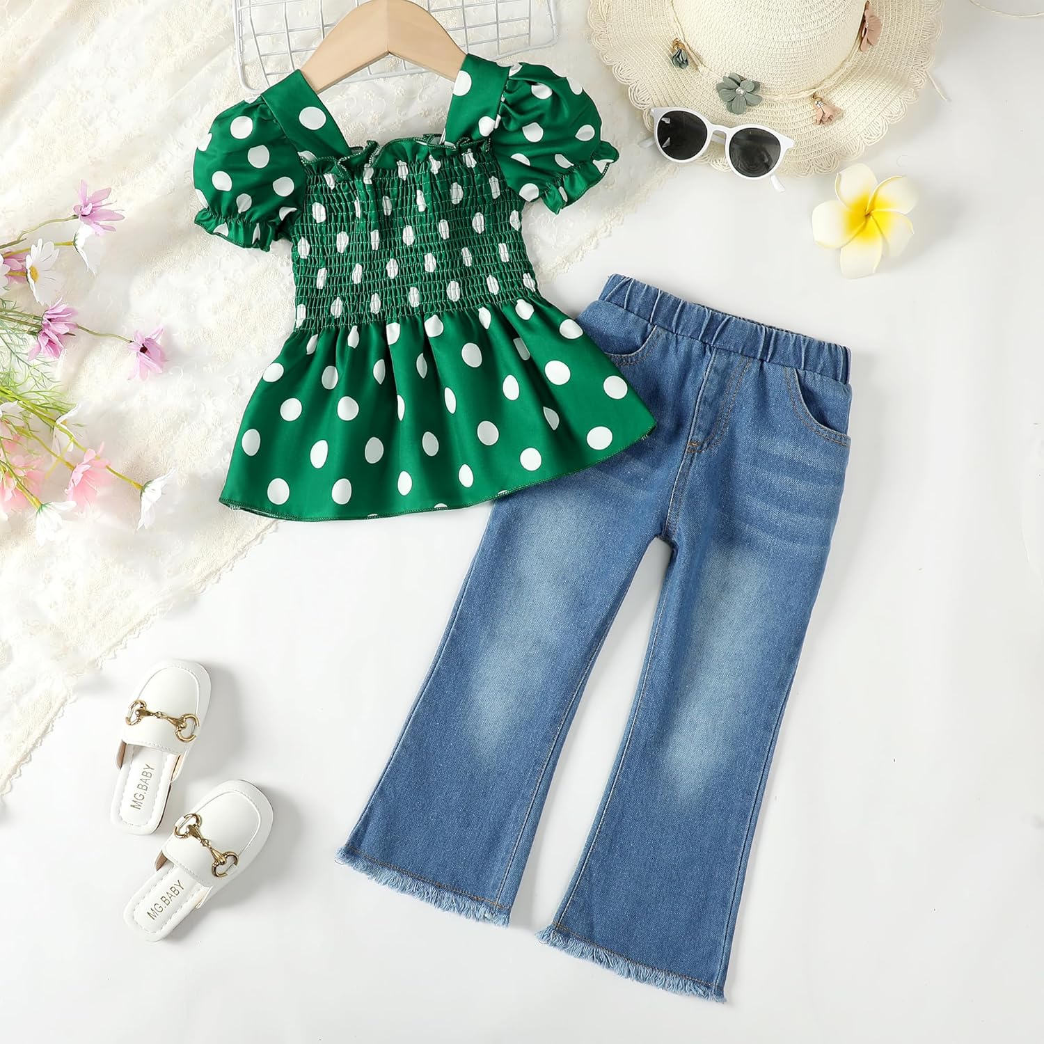 Kucnuzki Toddler Kids Girls Clothes Short Sleeve Shirt Top Flare Denim Jeans 2 Piece Outfits For Girls Cute Clothing Set - Image 6