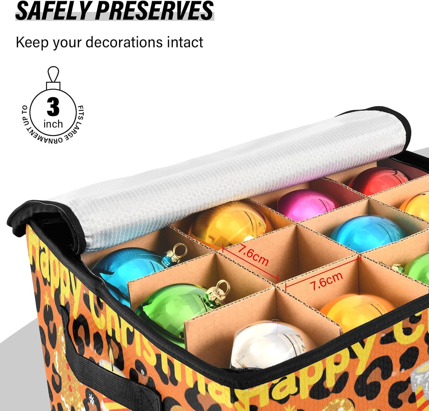 High Capacity Christmas ornament storage containers Holds Up to 64, Two Handles stackable Holiday Storage Case with Lid,Orange Leopard Print Christmas