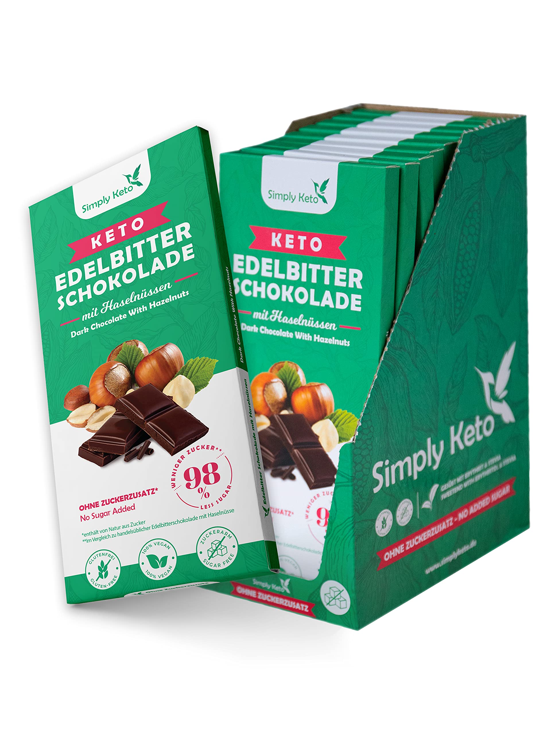 Simply Keto Lower Carb* Schokolade mit Haselnüssen & 60% Kakao - Edelbitter Schokolade ohne Zuckerzusatz - Gesüßt mit Erythrit statt Zucker - Nur 4g Net Carbs pro 100g - Glutenfrei & Vegan, 12 x 125g