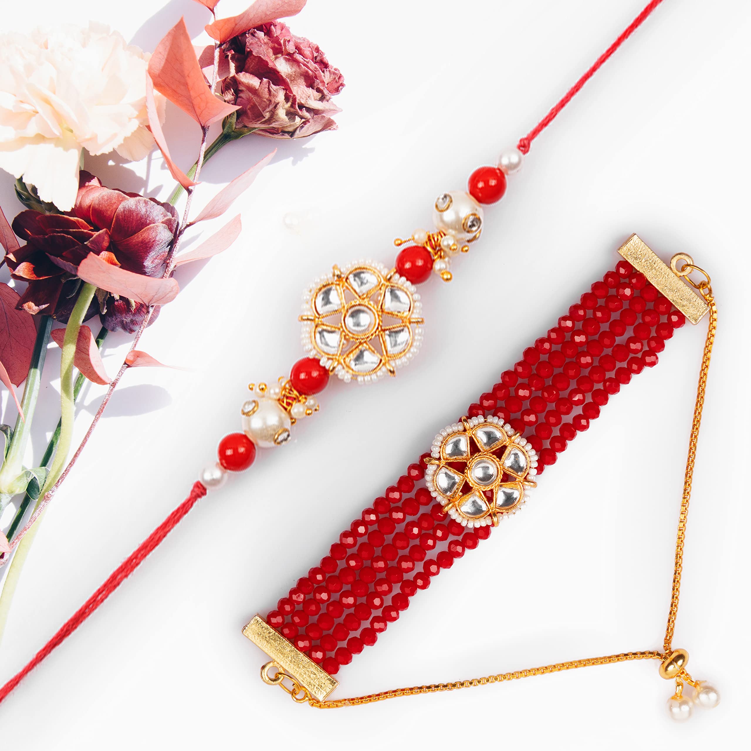 Smizzy Rakhi Set for Brother and Bhabhi Combo hamper of 2 With Designer Kundan Lumba Bracelet for Bhabhi With Roli Chawal, Raksha Bandhan Greeting Card and Printed Potli Bag (Rakhi 1) 1