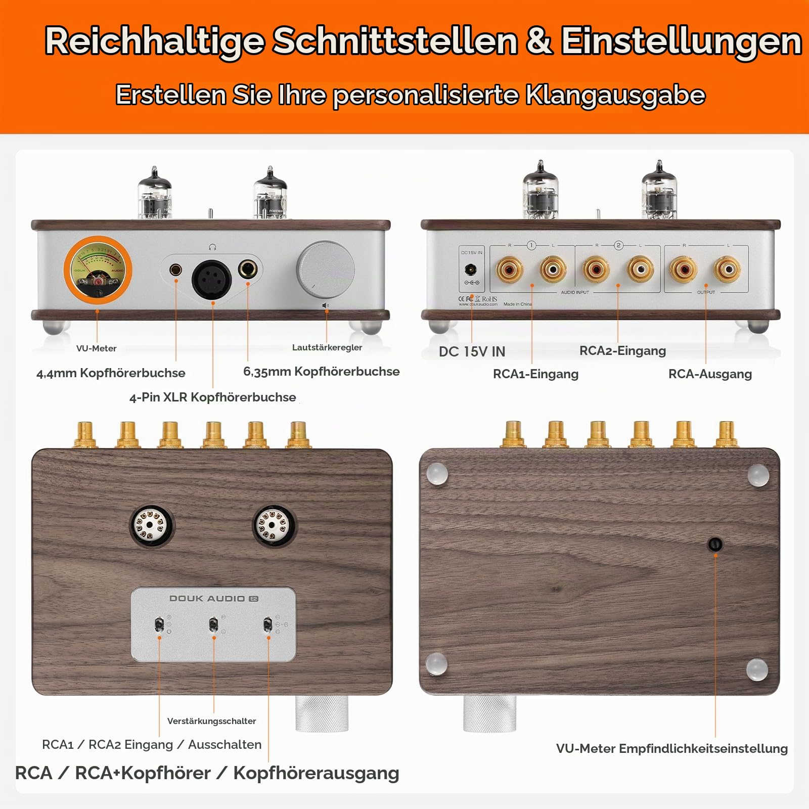 Douk E2 Röhren Kopfhörerverstärker mit XLR/4.4mm/6.35mm/ RCA Ausgänge, HiFi-Stereo Vorverstärker mit VU-Messgerät für Kopfhörer, Heim-Verstärker, Aktive Lautsprecher