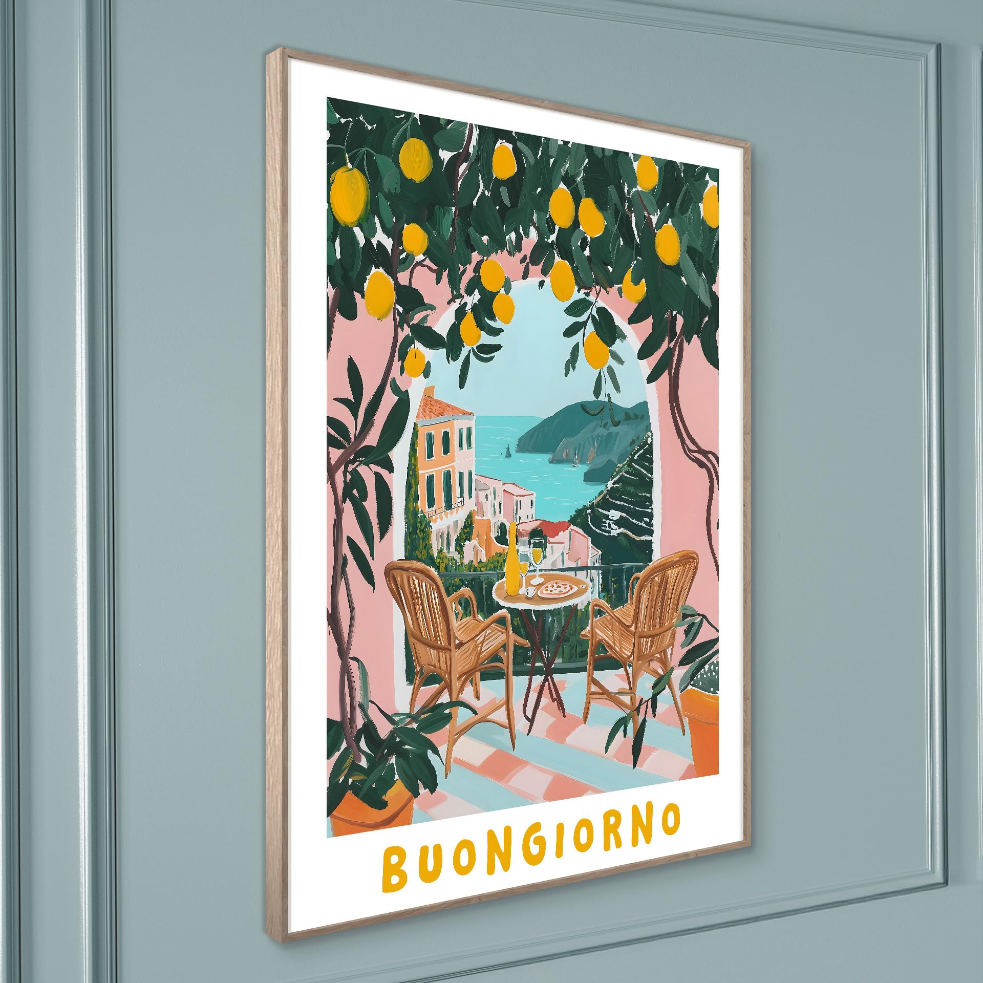 STYLER Bild Buongiorno 50x70 cm mit Holzrahmen – Italienisches Balkon-Motiv mit Zitronen – Lebendig Modern Minimalistisch Wandbild Deko