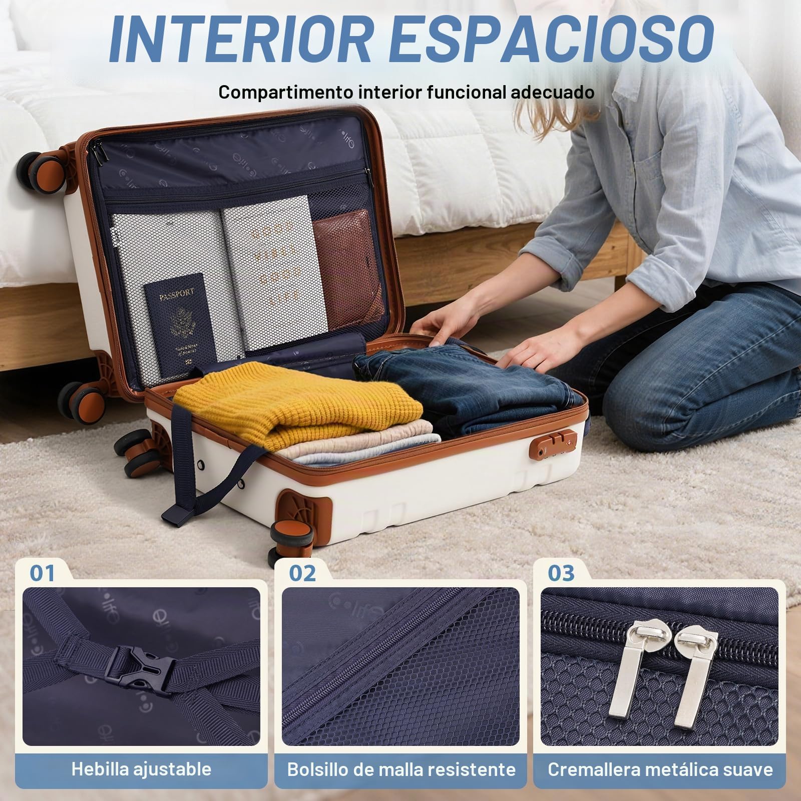 COOLIFE Maleta de cabina de 55 x 35 x 20 cm para Ryanair, equipaje de mano, maleta rígida con cerradura TSA y 4 ruedas gemelas, blanco y marrón., 55×35×20 -Set 2pzs