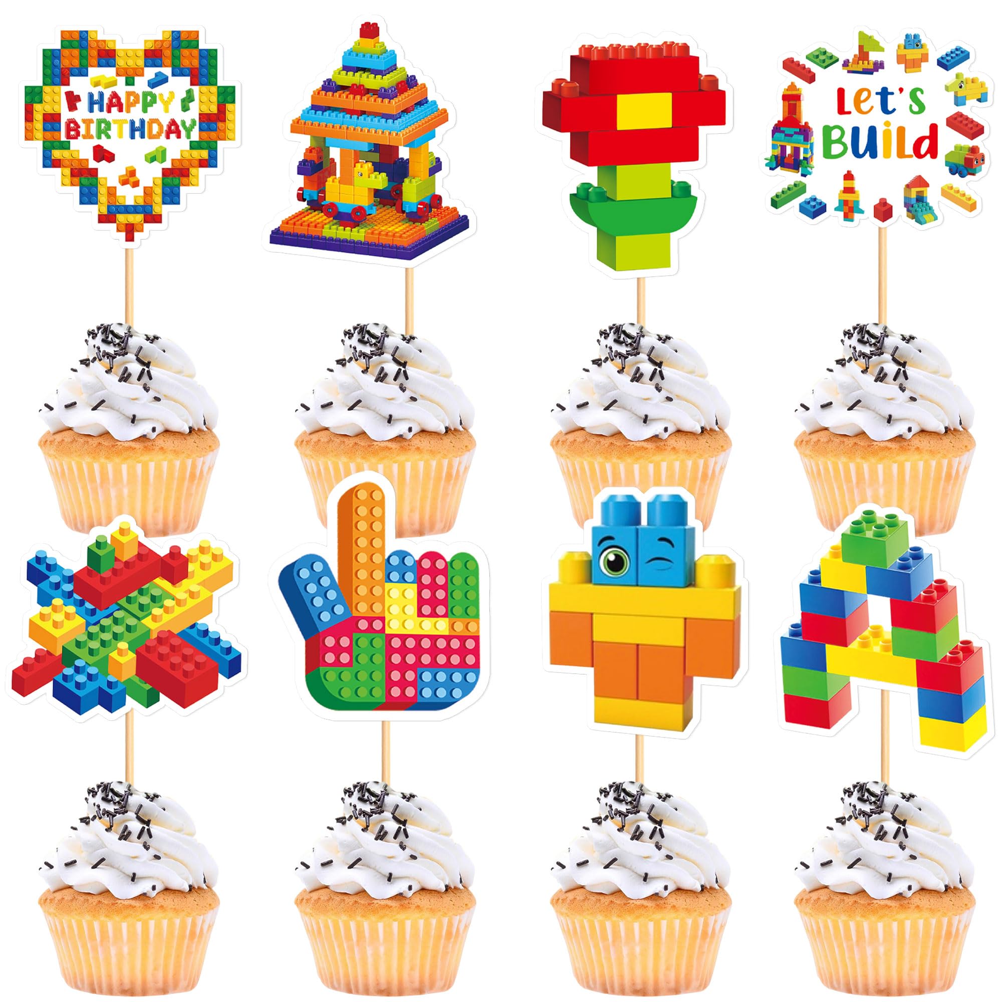 Cyodoos24Pcs Building Block Birthday Party Cupcake Toppers Boy Girl Birthday Party Decorations Brick Themed Building Block Birthday Decorations for Kids Adults Birthday Party Supplies