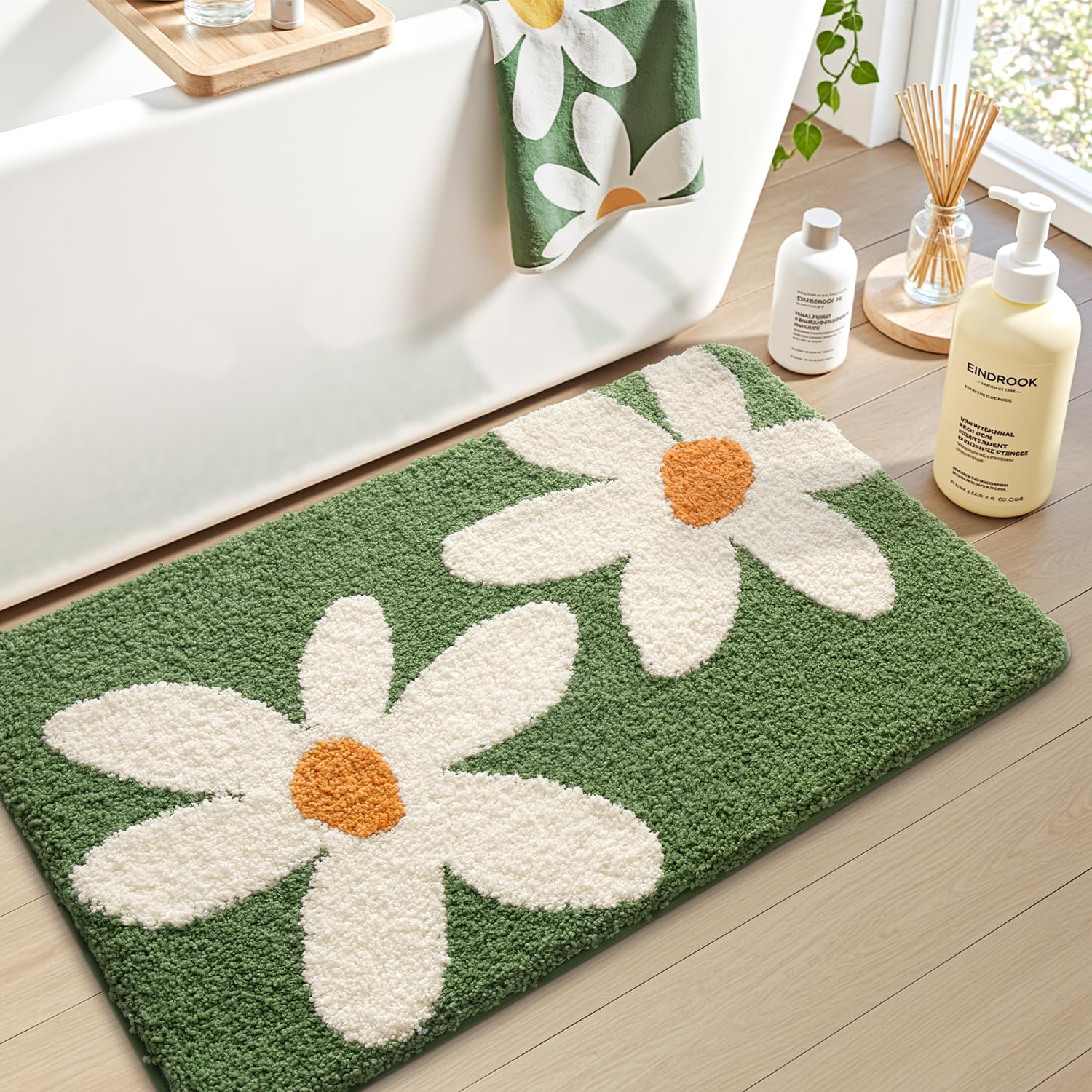 LUMI Bathroom Rug 20x32, Soft Absorbent Microfiber Bath Mats, Non-Slip Machine Wash Bath Mats for Bathroom, Shower and Bathtub Floor, Daisy
