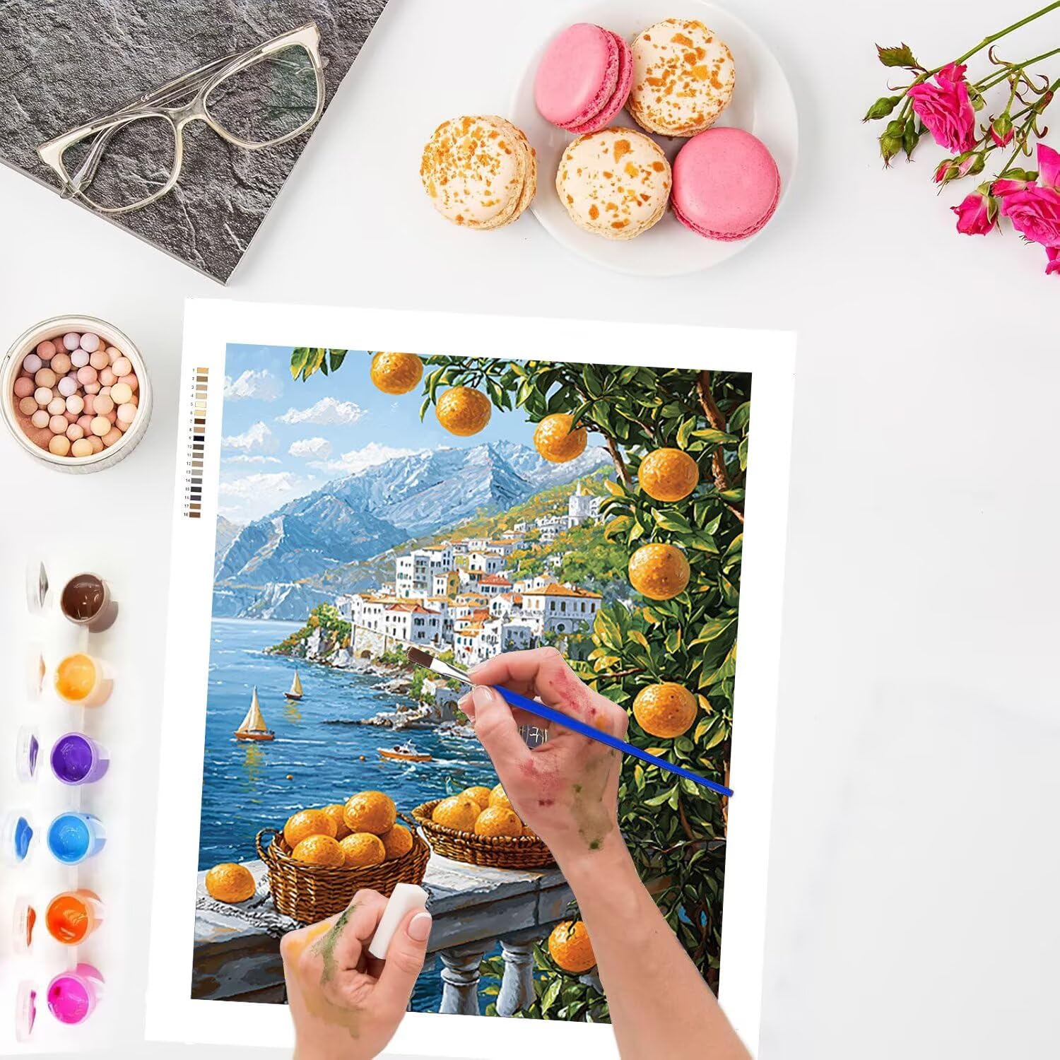 Vista marina e frutta Dipingere con i Numeri per Adulti, 70x90cm a-298 | Paint by Numbers Kit con Pennelli e Acrilico Pigmento, Fai da te Olio La Pittura di Numeri Kit, Decora la Casa, senza Cornice