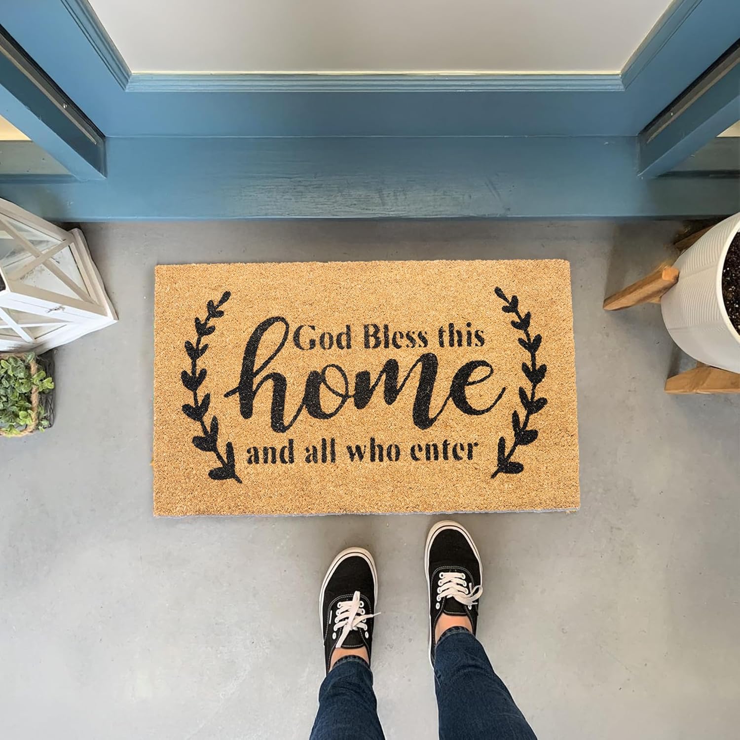 Welcome Doormats, Natural Coco Coir Mats with Non-Slip PVC Backing, Indoor Outdoor Mats for Home & Office, Mats for Door with God Bless This Home Print, Beige & Black, 30"x17"