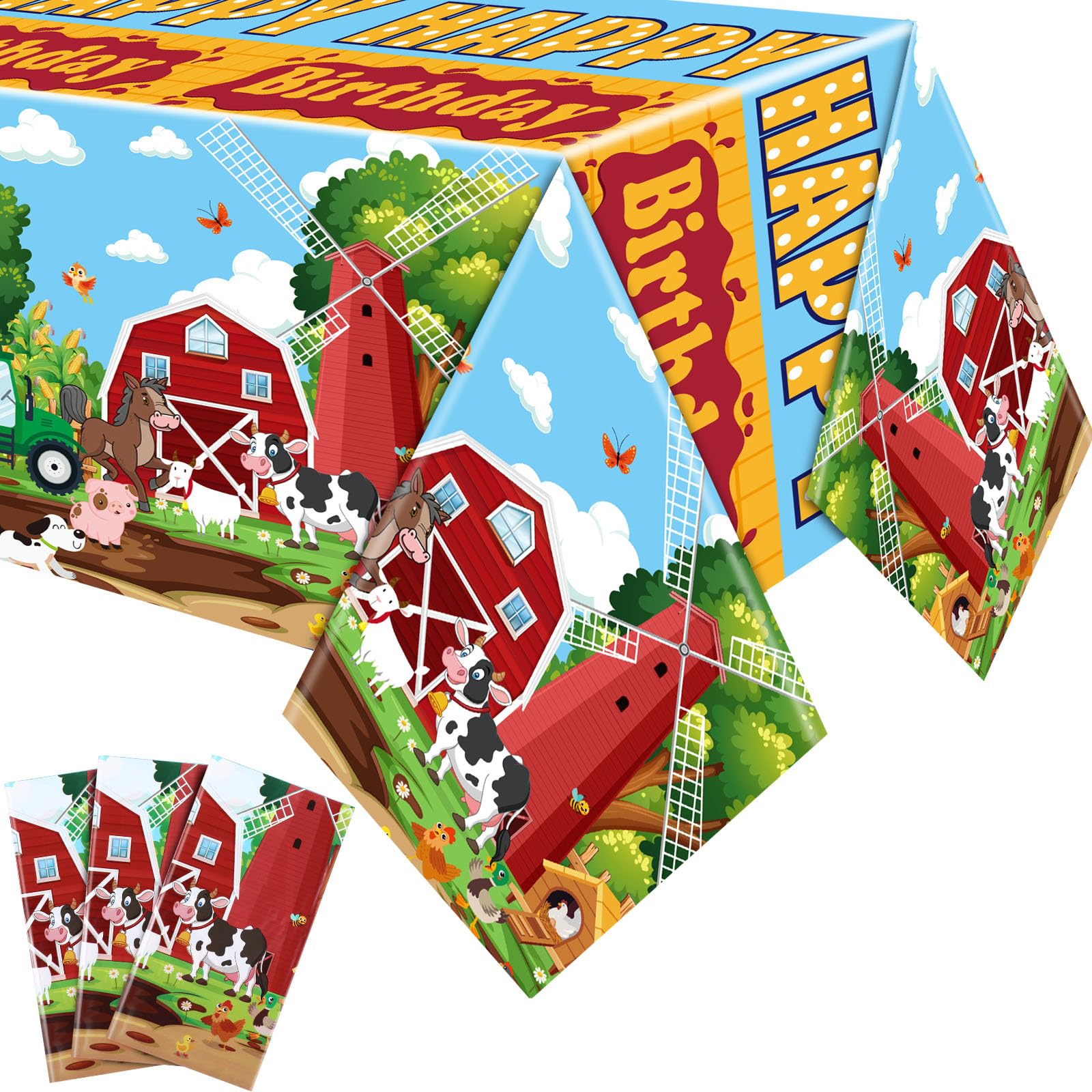 VitalCozy 3 Pcs Farm Animals Tablecloth House Barn Plastic Table Cover 54 x 108 Inch Rectangular Table Cloths for Parties Farm Themed Birthday Party