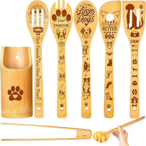 7 cucharas de cocina de bambú con soporte, regalos grabados para perros para mujeres, utensilios de cocina de bambú, juego de cucharas de cocina,