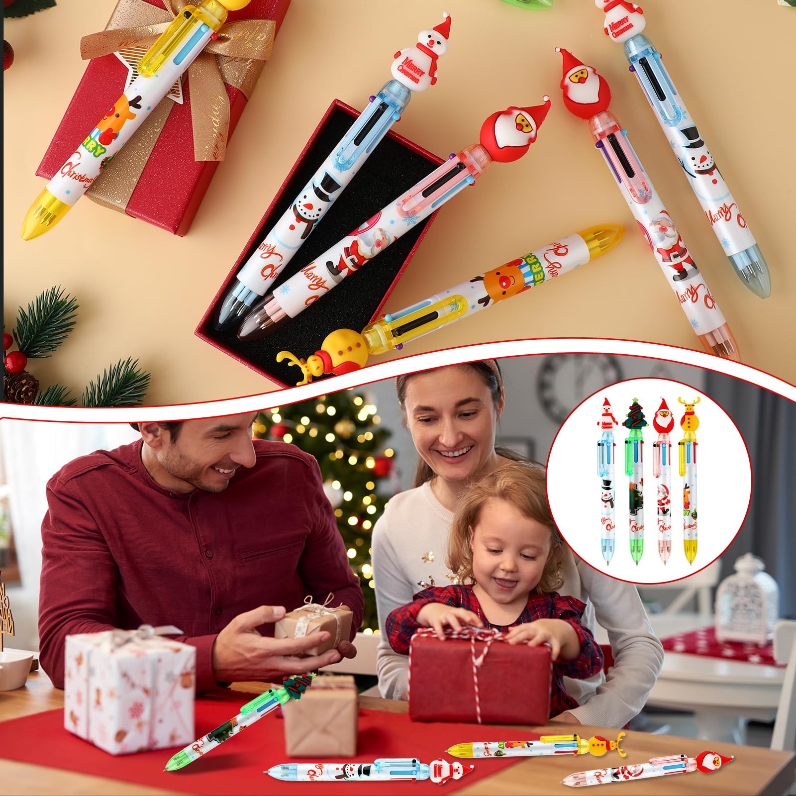 Amaxiu 8 penne a sfera multicolore 6 in 1, retrattili, a tema natalizio, con pupazzo di