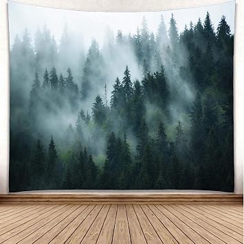 YISURE Large Forest Tapestry Wall Hanging 91x60 Inches, Misty Foggy Tree Landscape Woodland Mountain Design, Nature Backdrop for Living Room, Bedroom, Dorm, Home Office Decor