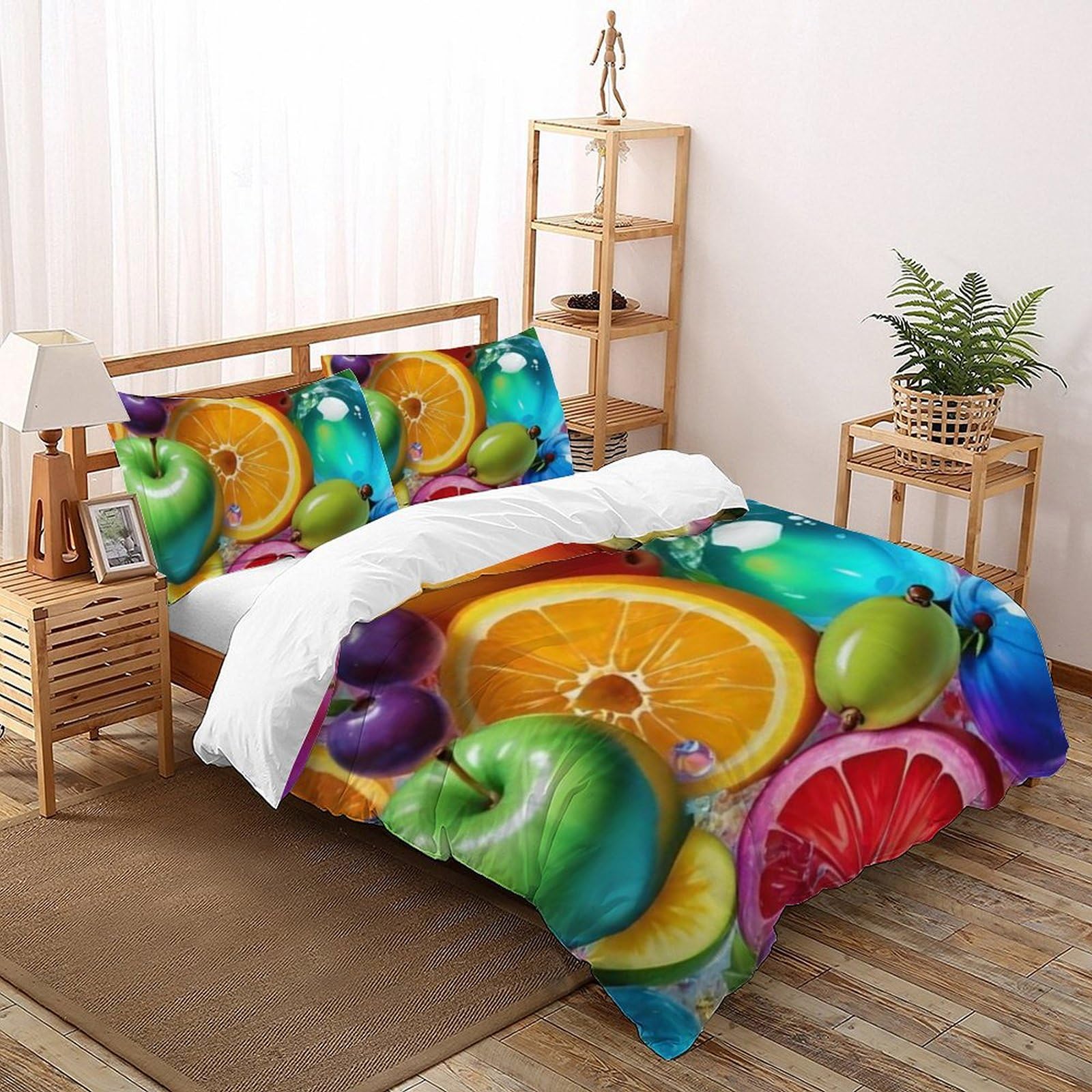 Housse de couette double microfibre fruits colorés pour lit fille avec 2 taies d'oreiller