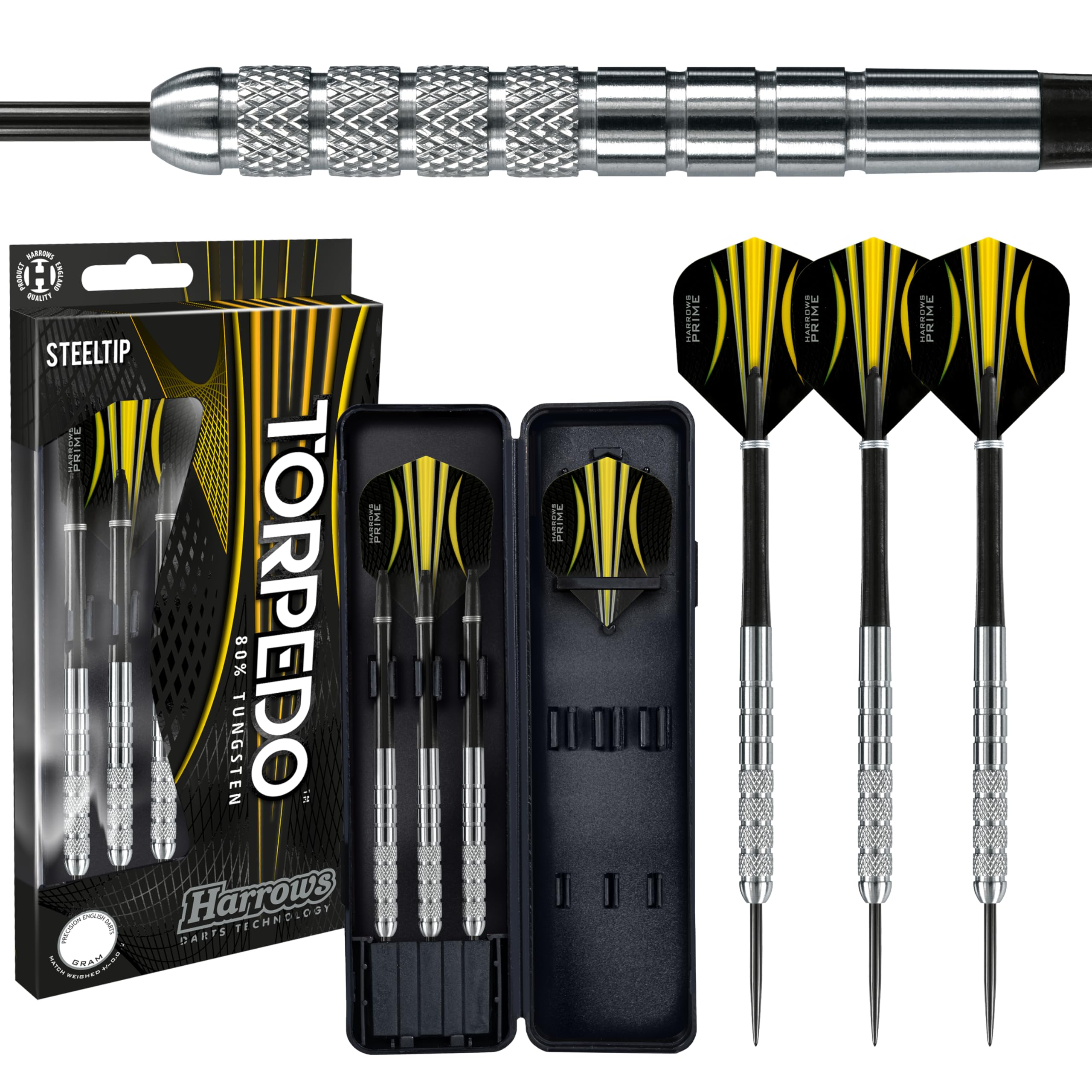 Harrows Torpedo Darts, 80% Tungsten Steel Tip Dart Set 21g, 22g, 23g, 24g, 25g, 26g & 27g, Includes Nylon Shafts