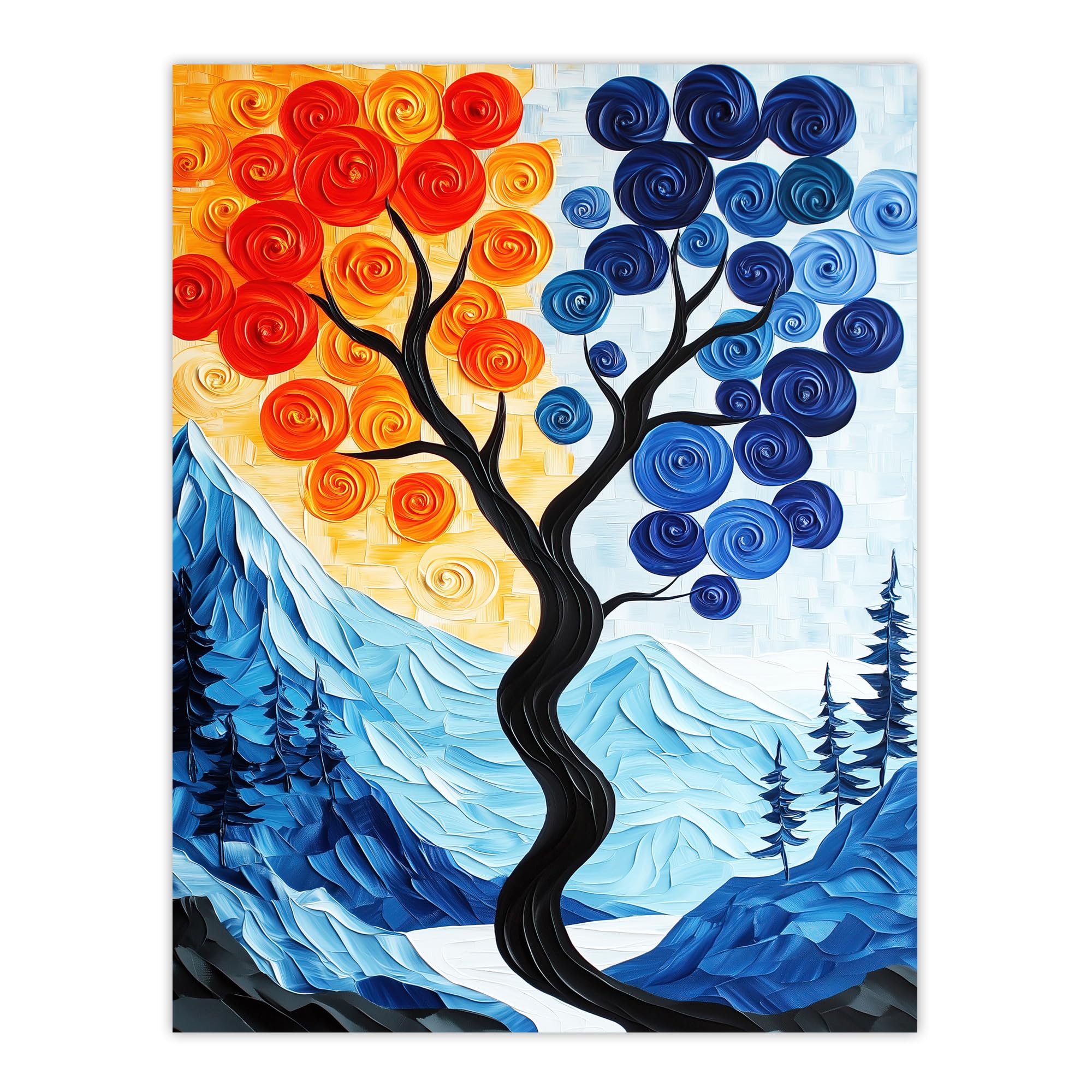 Artery8 Autumn To Winter Tree Folk Art Mountain Landscape Living Room Large Wall Art Poster Print Thick Paper 18X24 Inch
