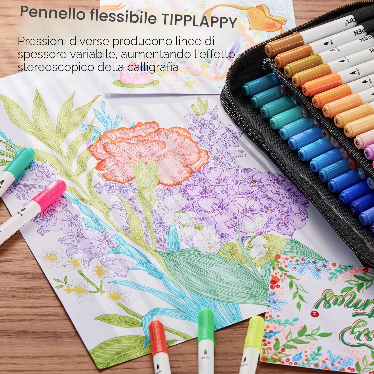 Shuttle Art 70 Brush Pen Lettering, Pennarelli Doppia Punta Fine e Punta Pennello con Custodia Portatile e 1 Libro da Colorare, per Adulti Bambini
