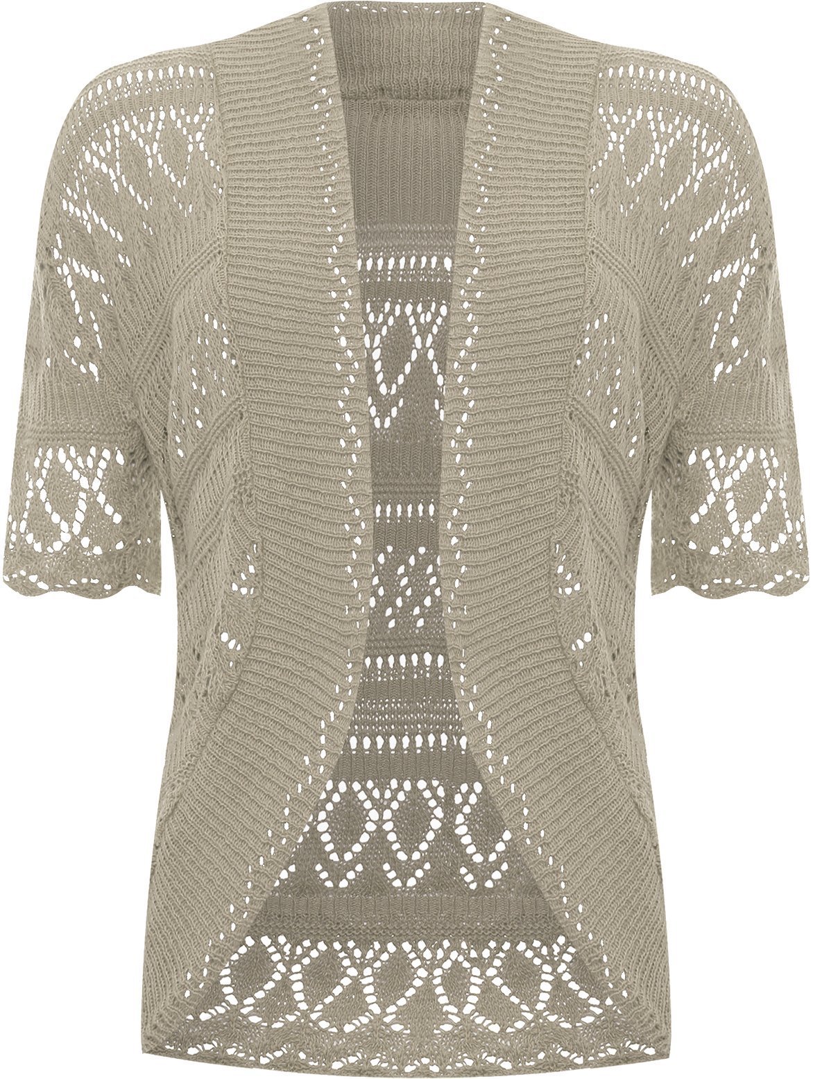 WearAll Women's Plus Knitted Crochet Short Sleeve Top Shrug Ladies Open Cardigan - Mocha 16-18